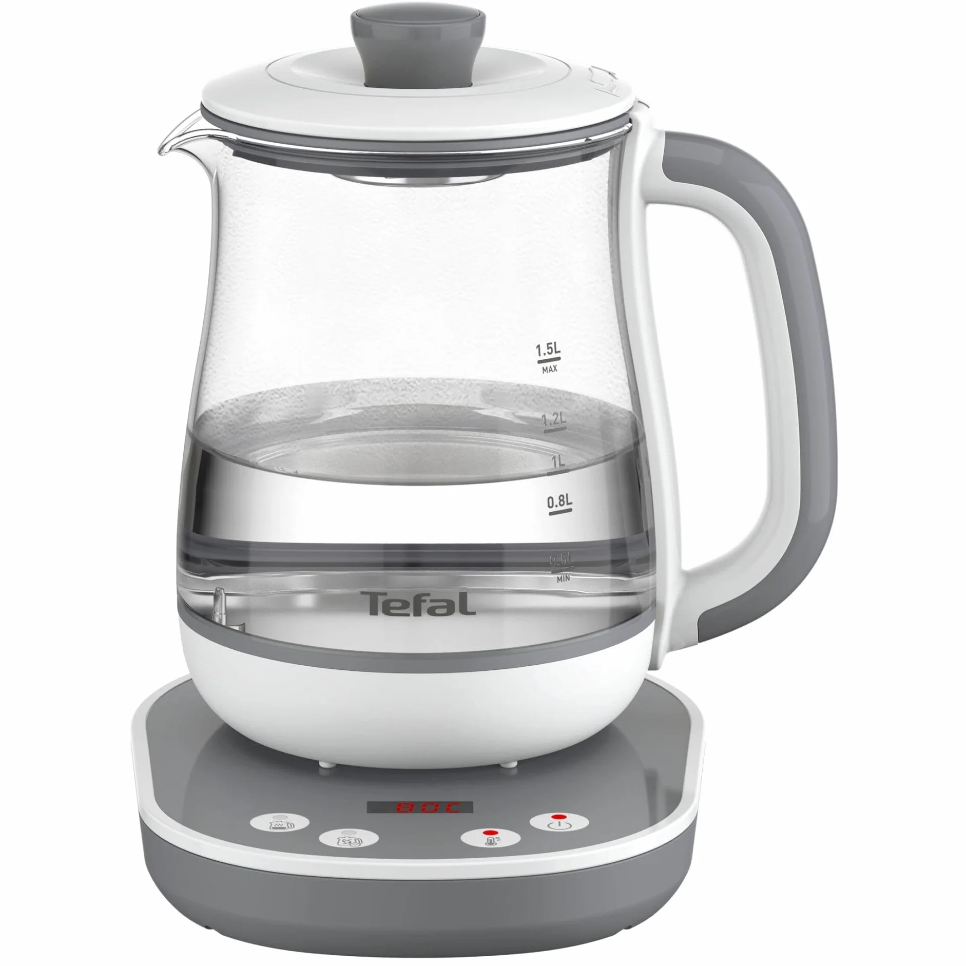 Tefal BJ551B10 Tastea machine à thé, 8 réglages de température, Capacité de 1,5 L, Panier à thé amovible en acier inoxydable, Maintien au chaud, Corps en verre résistant, Gris/Blanc