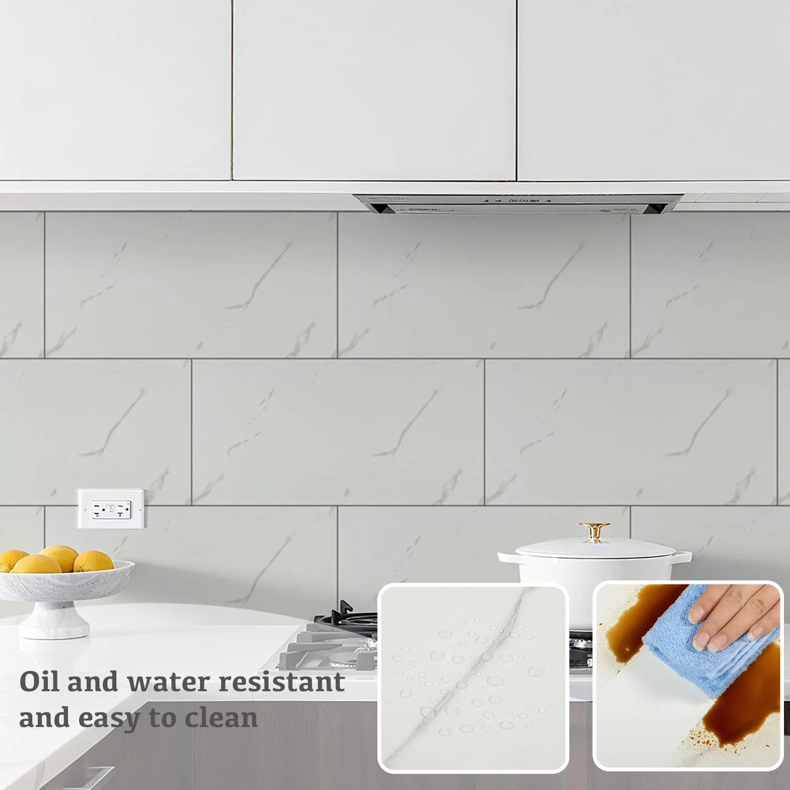 10 Pièces Credence Adhesive Cuisine 60 x 30 cm, Marbre Carrelage Adhesif Mural Salle de Bain PVC Blanc