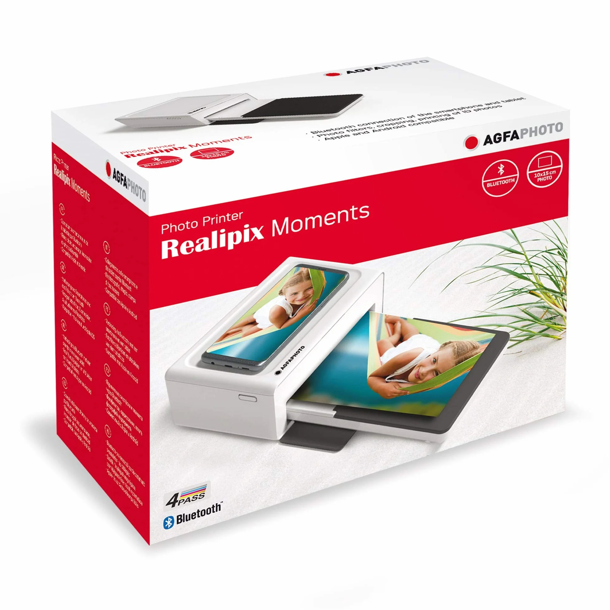 AgfaPhoto Realipix Moments AMO46 - drukarka fotograficzna smartfona 10x15 cm, Bluetooth dla smartfonów Apple i Android, sublimacja termiczna 4Pass - Biała