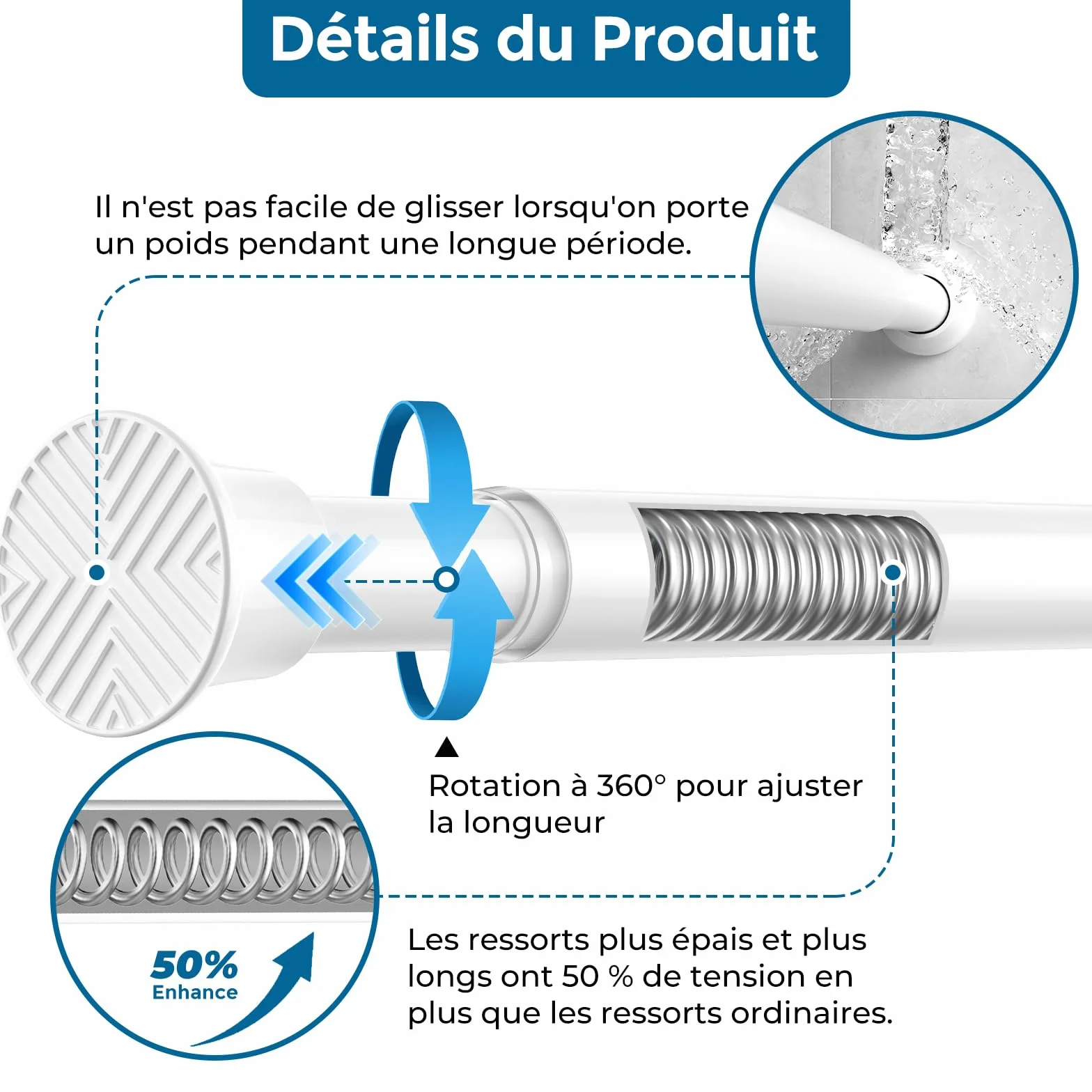 AIZESI Barre Rideau Sans Percage Extensible 60-120 cm Blanc Diamètre 18 mm