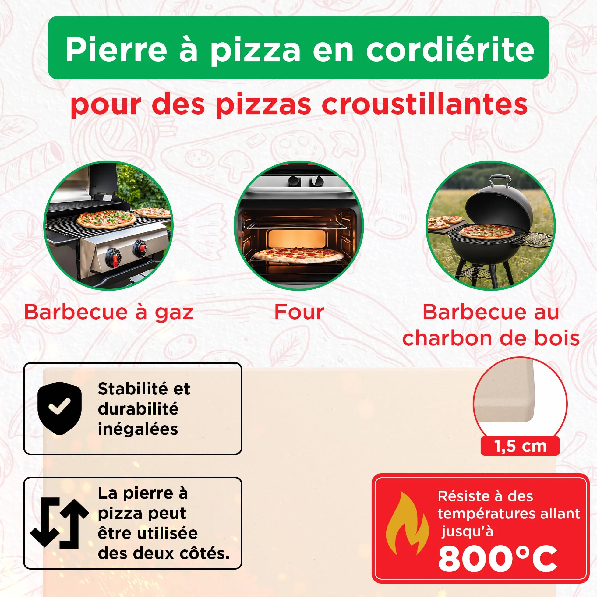 Pizza Lover Kit de pierres à pizza de qualité supérieure pour four et barbecue - 4 en 1 - Avec pelle à pizza perforée (anodisée dure) + pierre à pizza jusqu'à 800 °C en cordiérite + roulette à pizza