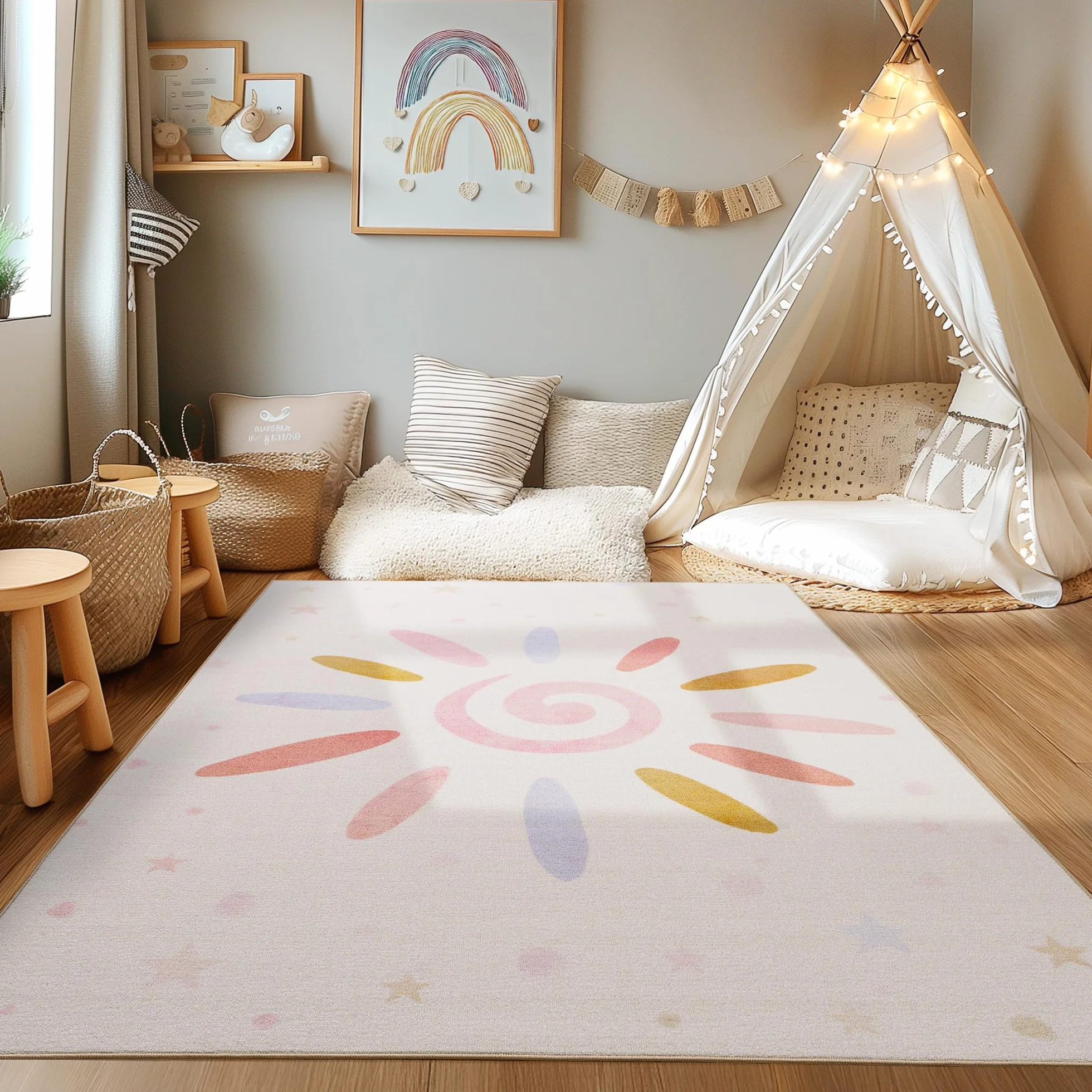 HomebyHome Tapis Chambre d'enfant Motifs soleils étoiles crème 140 x 200 cm