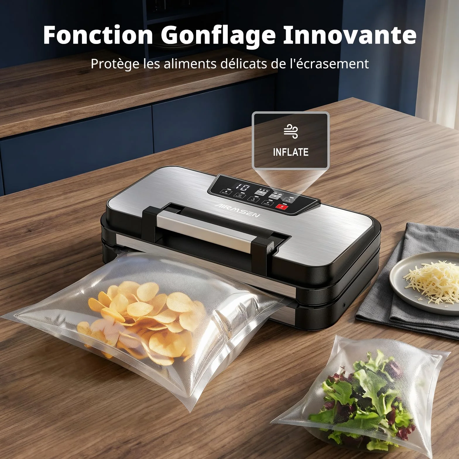 AIRMSEN 95 kPa Machine sous vide avec fonction gonflage, modes Sec/Humide, double scellage 30 cm, coupe-sac intégré, rouleau & bac amovible – conserve les aliments jusqu’à 8× plus longtemps