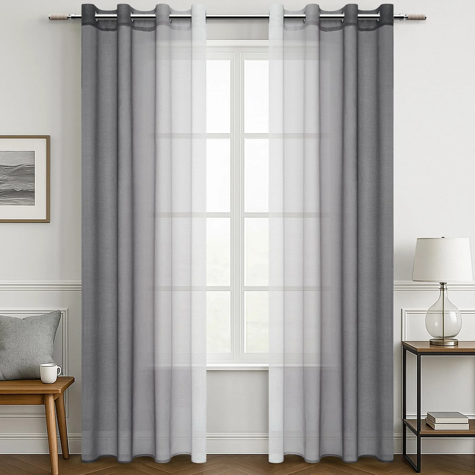 MRTREES Rideau Voilage Fenetre Dégradé Gris Oeillets 140x230 CM Lot de 2 Panneaux Voilages pour Chambre Salon