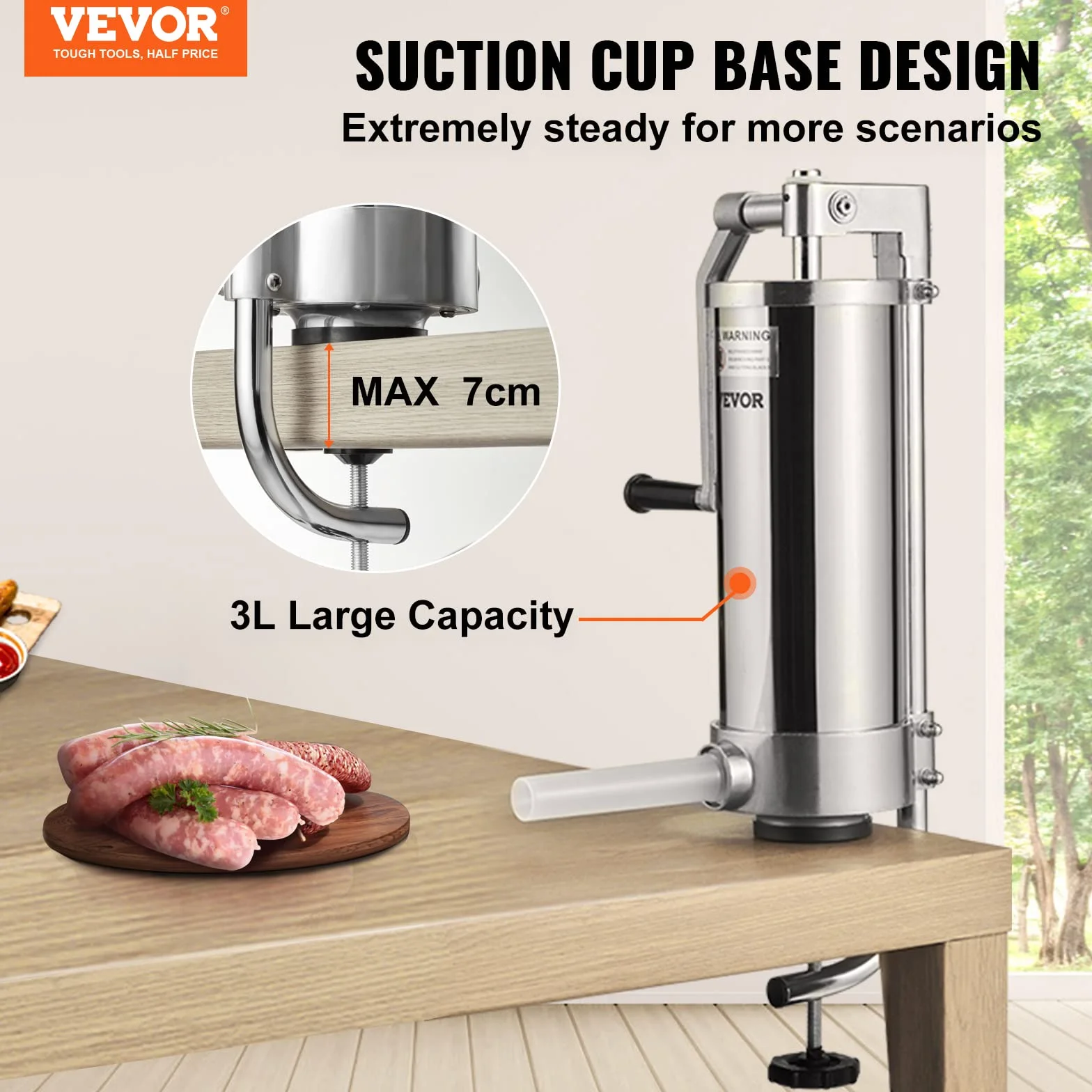 VEVOR Poussoir à Saucisses Manuel 3 L Machine à Saucisses Verticale à Pince de Table Ensacheuse Saucisse en Inox Alimentaire avec 3 Tubes de Remplissage pour Saucissons Restaurant Supermarché
