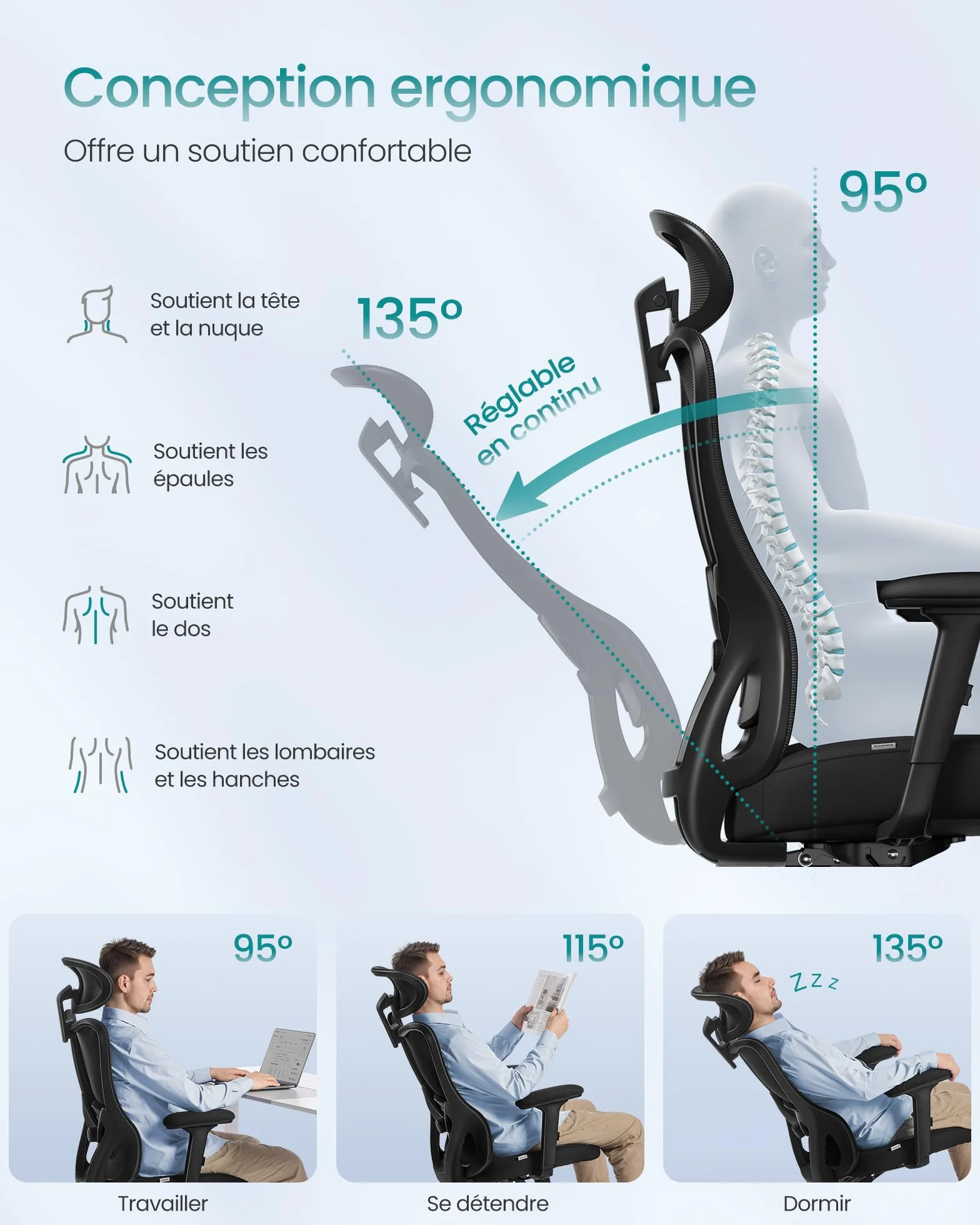 SONGMICS Chaise de Bureau Ergonomique Fauteuil Soutien Lombaire Réglable 150 kg Noir