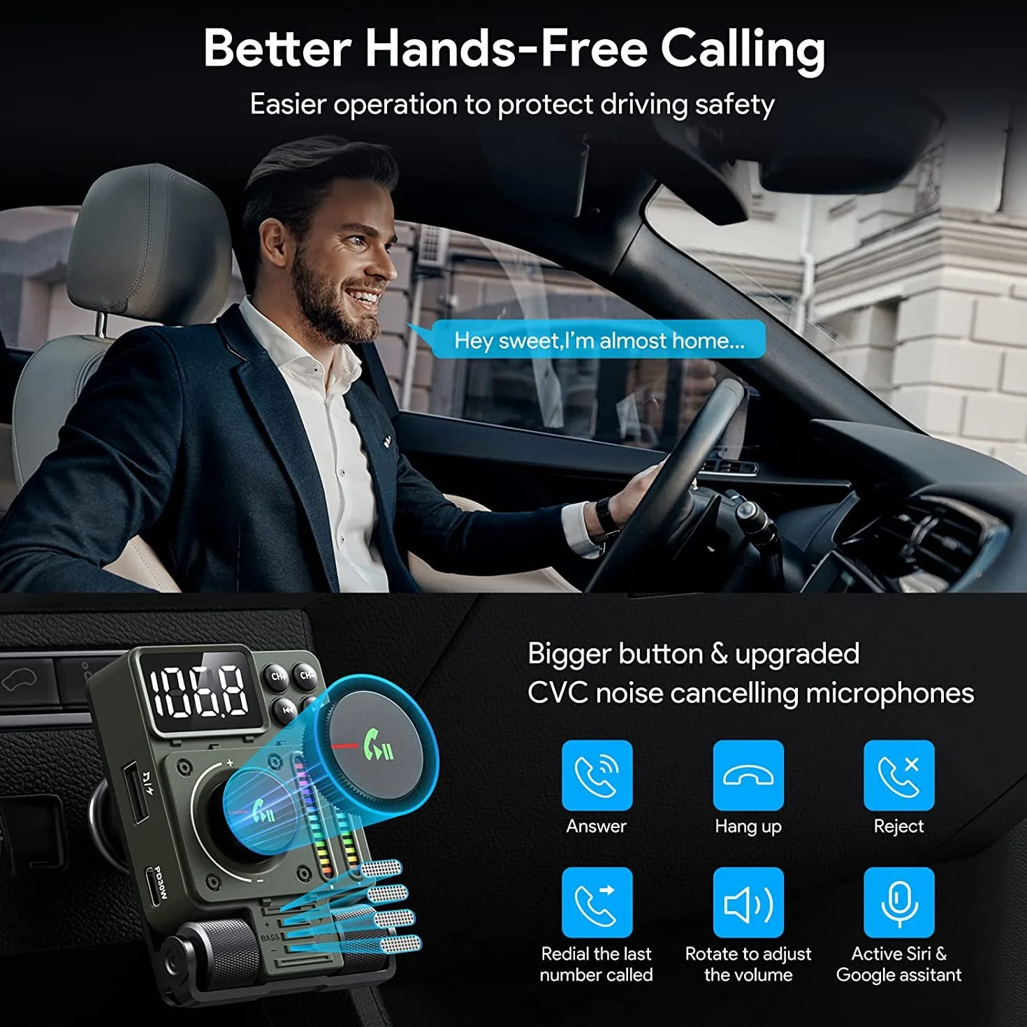 LENCENT 5.3 Samochodu Nadajnik FM Bluetooth, Adapter Bluetooth z Typ C PD 30W ładowarka Fast USB do Rozmów w Szybkiego ładowania Zapalniczki Samochodowej, Zestaw Głośnomówiący, Siri Google Assistant