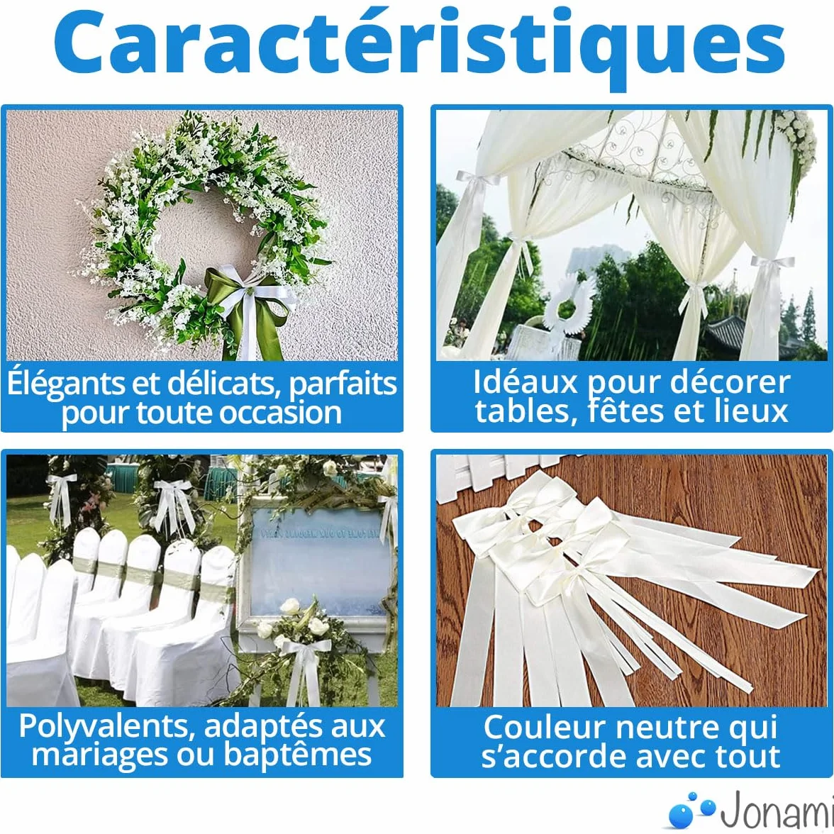 50 Noeuds Voiture Mariage Ruban Satin Noeuds d'Antenne Facile Attacher - Blanc 25x12cm