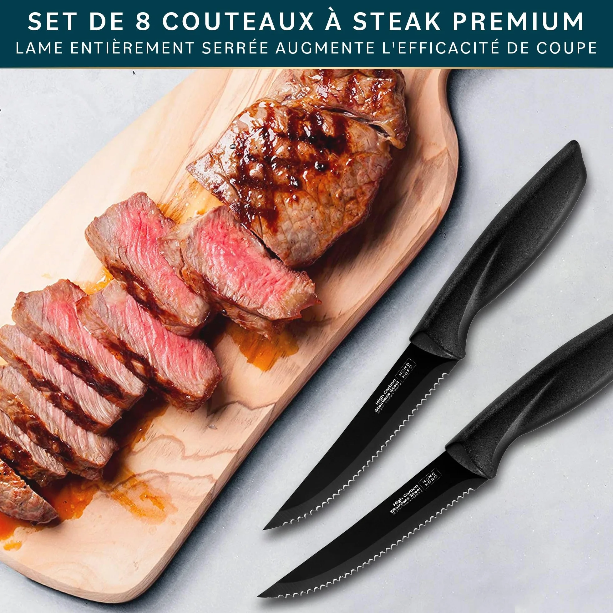 Couteaux à Steak Acier Inoxydable Lame Dentelée 21 cm Lot de 8 Noir - Couteaux de Table Viande