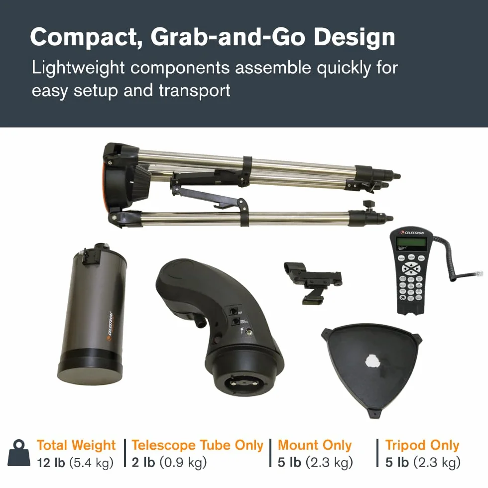 Celestron 22087 NexStar 90SLT - Przenosny skomputeryzowany teleskop Maksutowa-Cassegraina, uchwyt widelkowy z szybkozlaczka, taca na akcesoria i oprogramowanie „Starry Night” Special Edition, szary