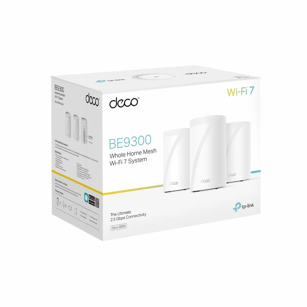 TP-Link Deco BE65 Wi-Fi 7 Mesh WLAN Set(3 szt.), Tri-Band, 6G, 320 MHz Channel, MLO, Sieć gościnna, 4x porty 2,5 G, 1x USB 3.0, WPA3, OFDMA, MU-MIMO, AI-Driven Mesh, HomeShield, Biały