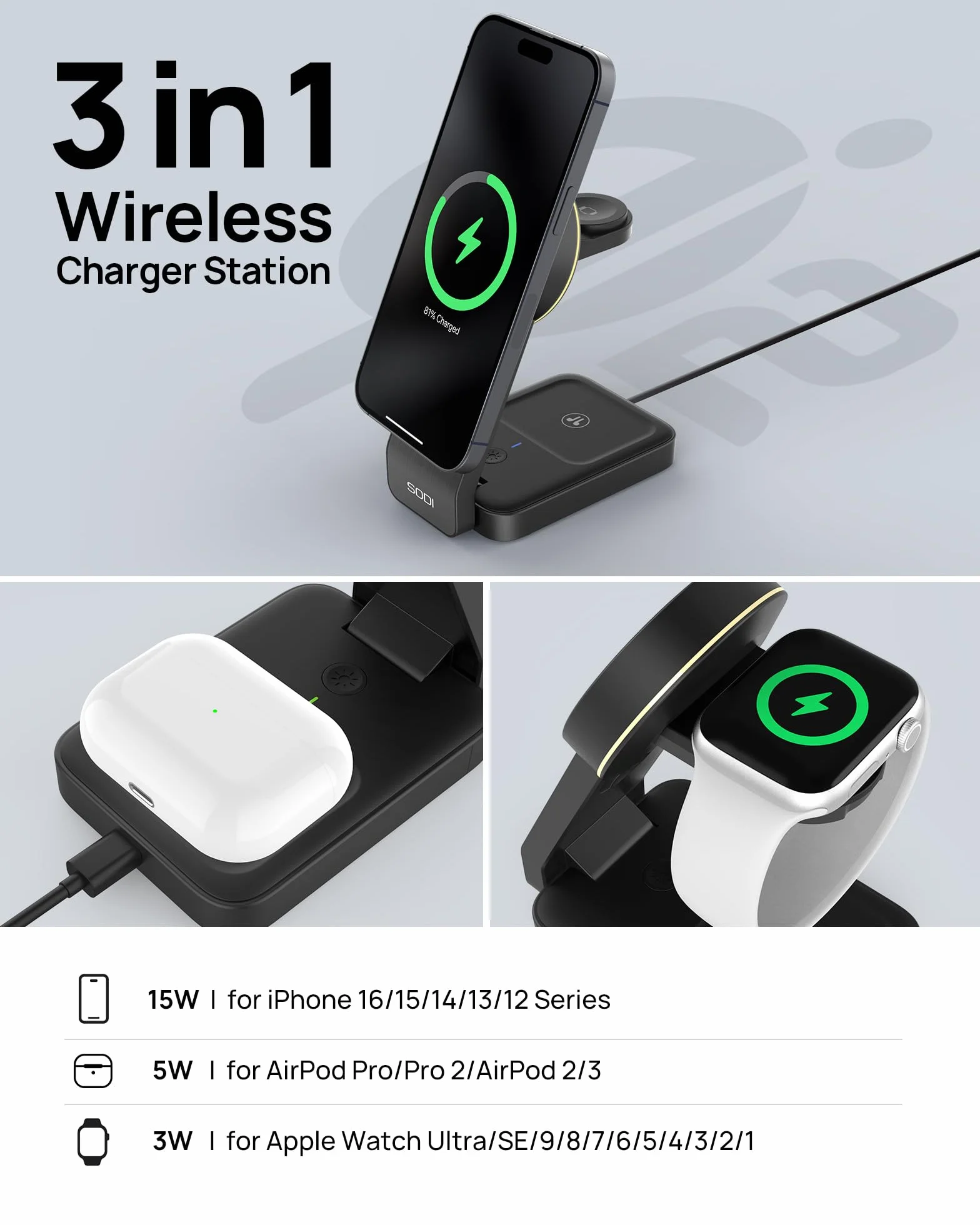 SODI Bezprzewodowa stacja ładująca 3 w 1, certyfikat Qi2, 15 W, składana stacja ładująca do iPhone 16/15/14/13/12, AirPods, Apple Watch