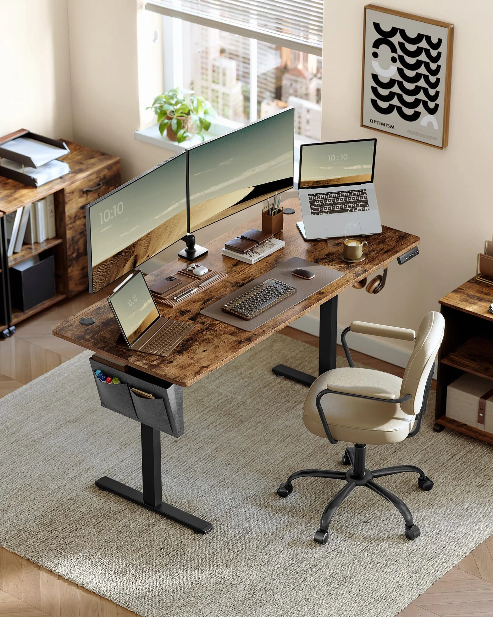 SONGMICS Bureau Électrique Réglable en Hauteur, 160 x 70 cm, Table Assis-Debout, Fonction Mémoire 4 Hauteurs, Marron Rustique et Noir