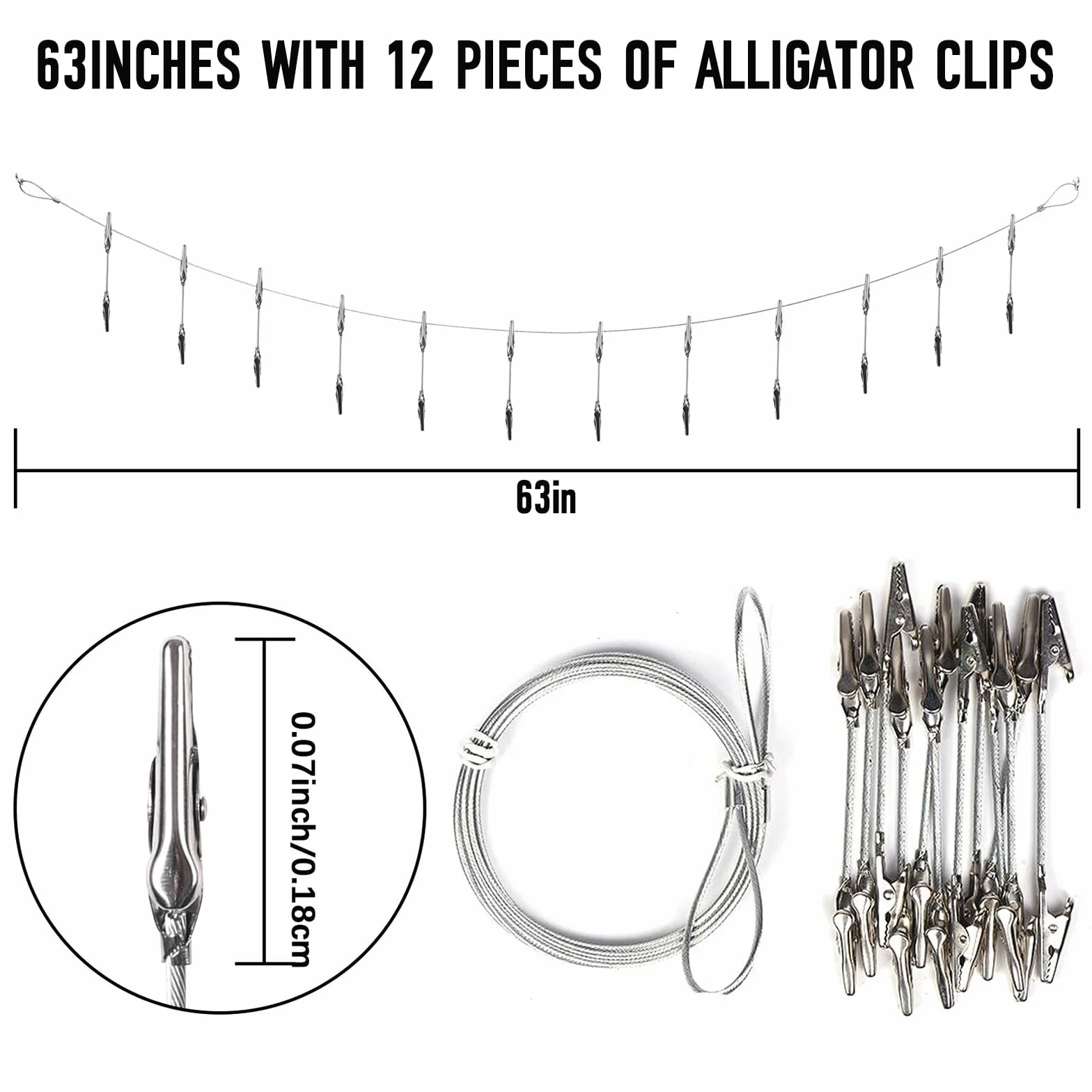 Clip Photo Fil Métallique 12 Pièces Pince Crocodile 160 cm x 2 mm Câble Acier de Suspension Réglable
