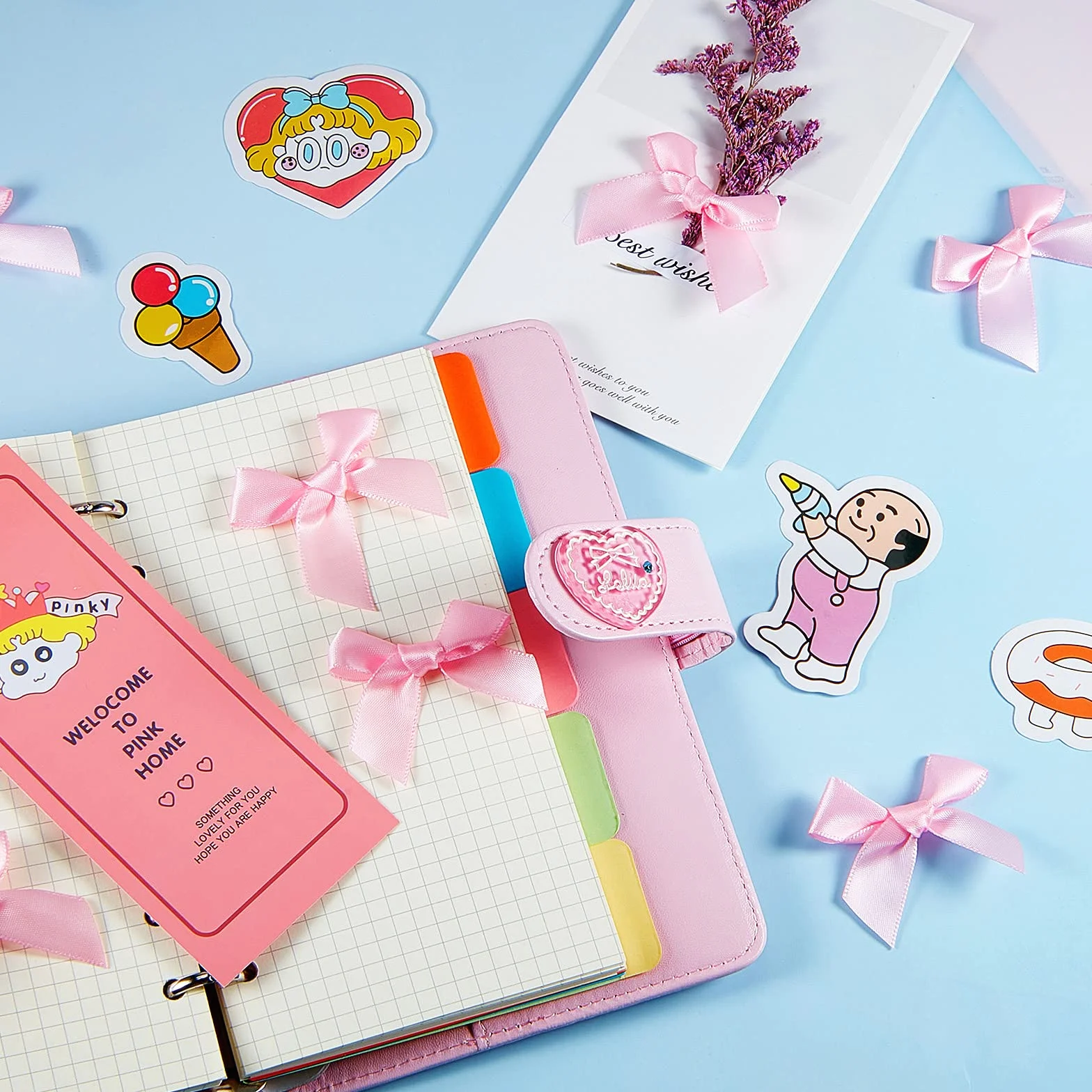 Rubans Nœuds en Satin Auto-Adhésifs 5 cm pour DIY Artisanat Décoration Mariage Noël (Rose)
