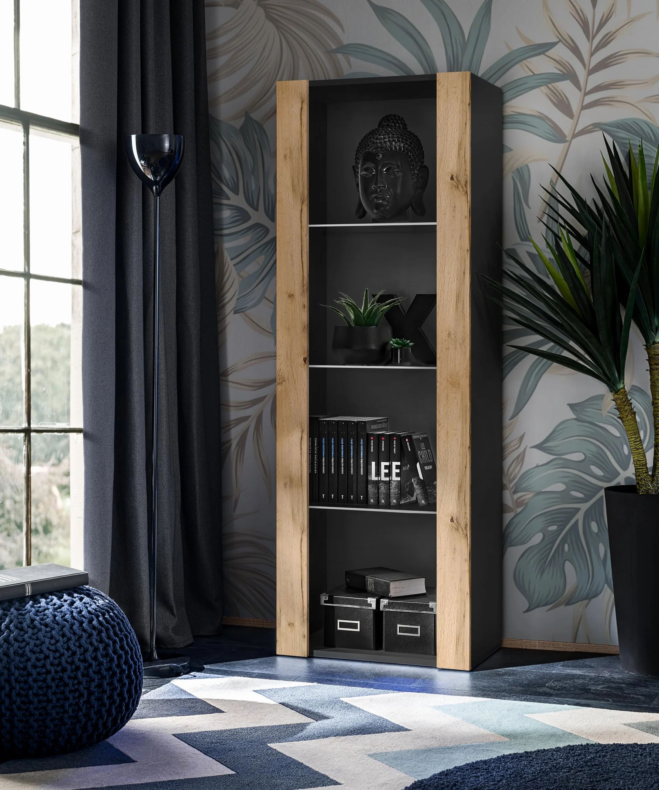 Komodee Vitrine Armoire Tivoli, Noir/Wotan, Largeur 55cm x Hauteur 159cm x Profondeur 35cm, sans LED, 3 étagères en Verre, pour Salon, Chambre, Entrée