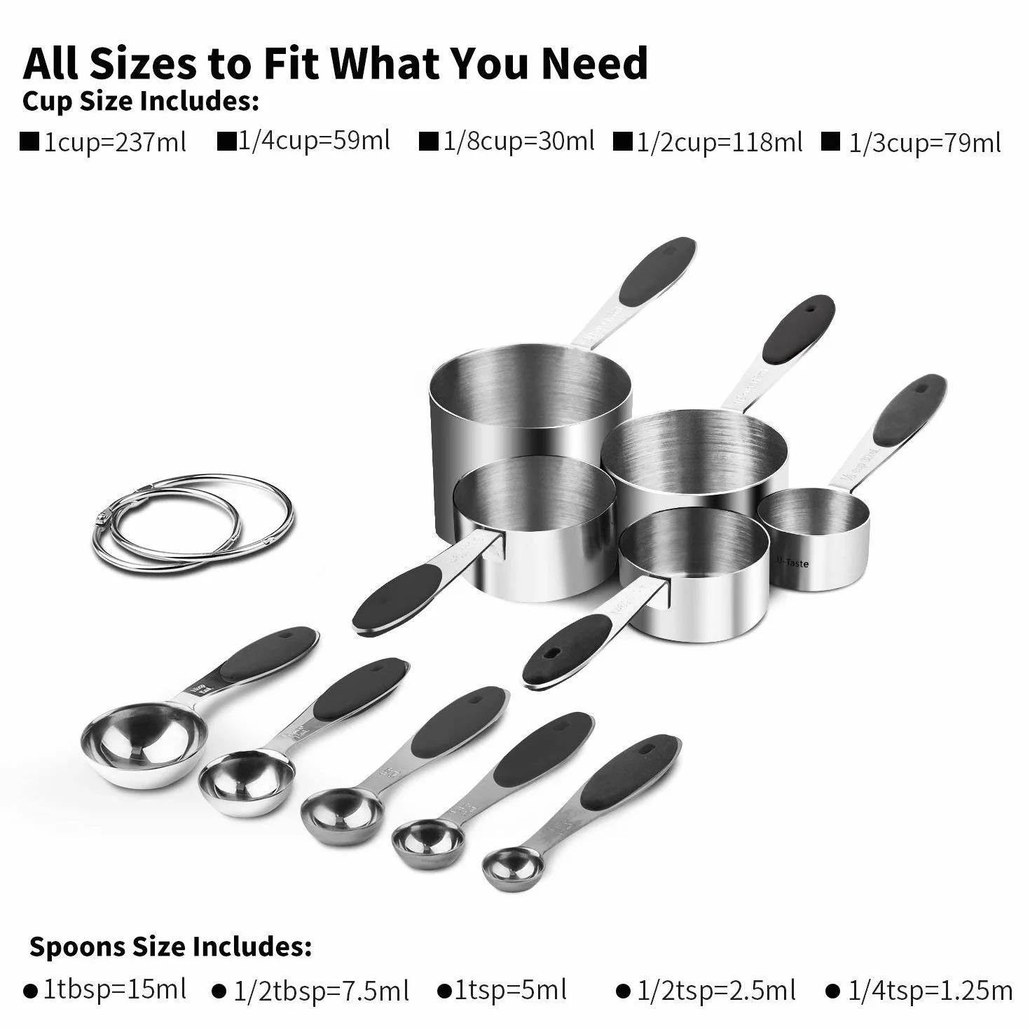 U-Taste Lot de 10 tasses et cuillères à mesurer en acier inoxydable 18/8 noir