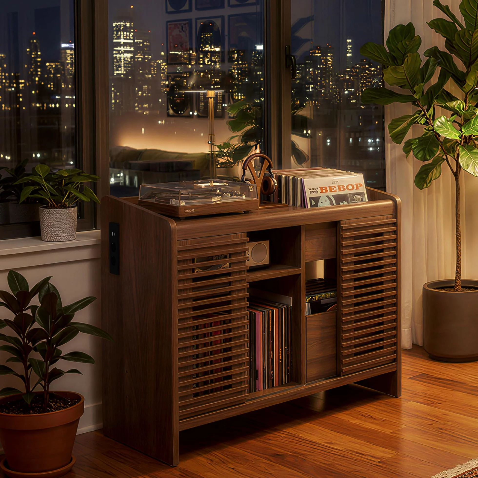 IRONCK Étagère pour Tourne-Disque Vinyle avec Support Mural pour disques vinyles, Rangement jusqu'à 350 Albums avec Prise de Charge, pour Salon et Chambre à Coucher, Marron Noyer rétro