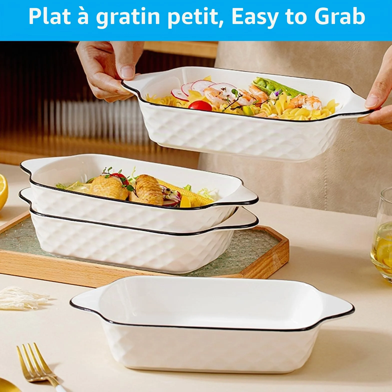 Lot de 4 petits plats à gratin en céramique de qualité supérieure avec poignées, four, micro-ondes et Airfryer, parfaits pour gratin, pâtes, desserts et plus encore, petit plat à gratin pour 1