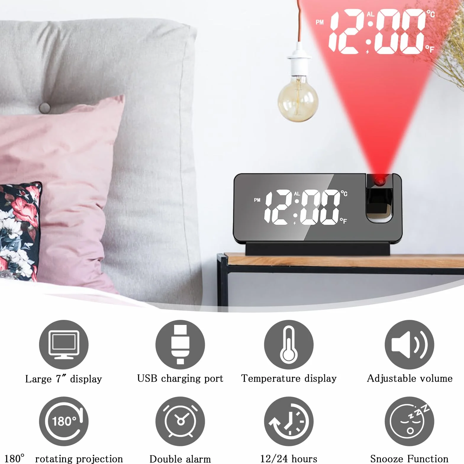 TNSLAND Réveil à Projection LED numérique 180° avec Snooze, Double Gong, Température USB