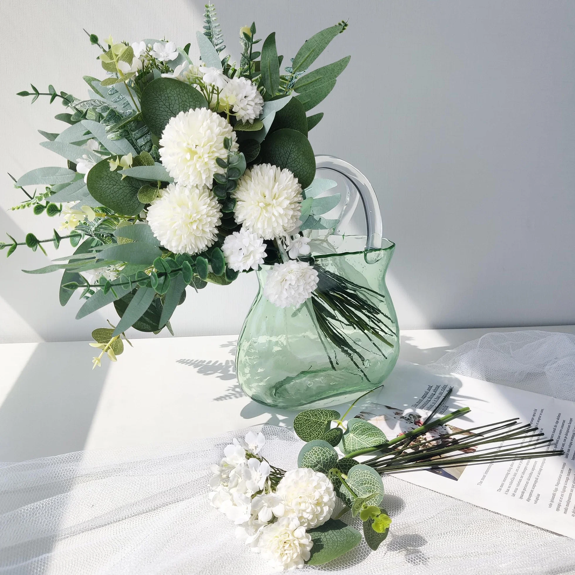ROLLWAY Bouquet de Fleurs Artificielles 55pcs Fausse Soie Décoration Maison Mariage Bureau Vert Blanc
