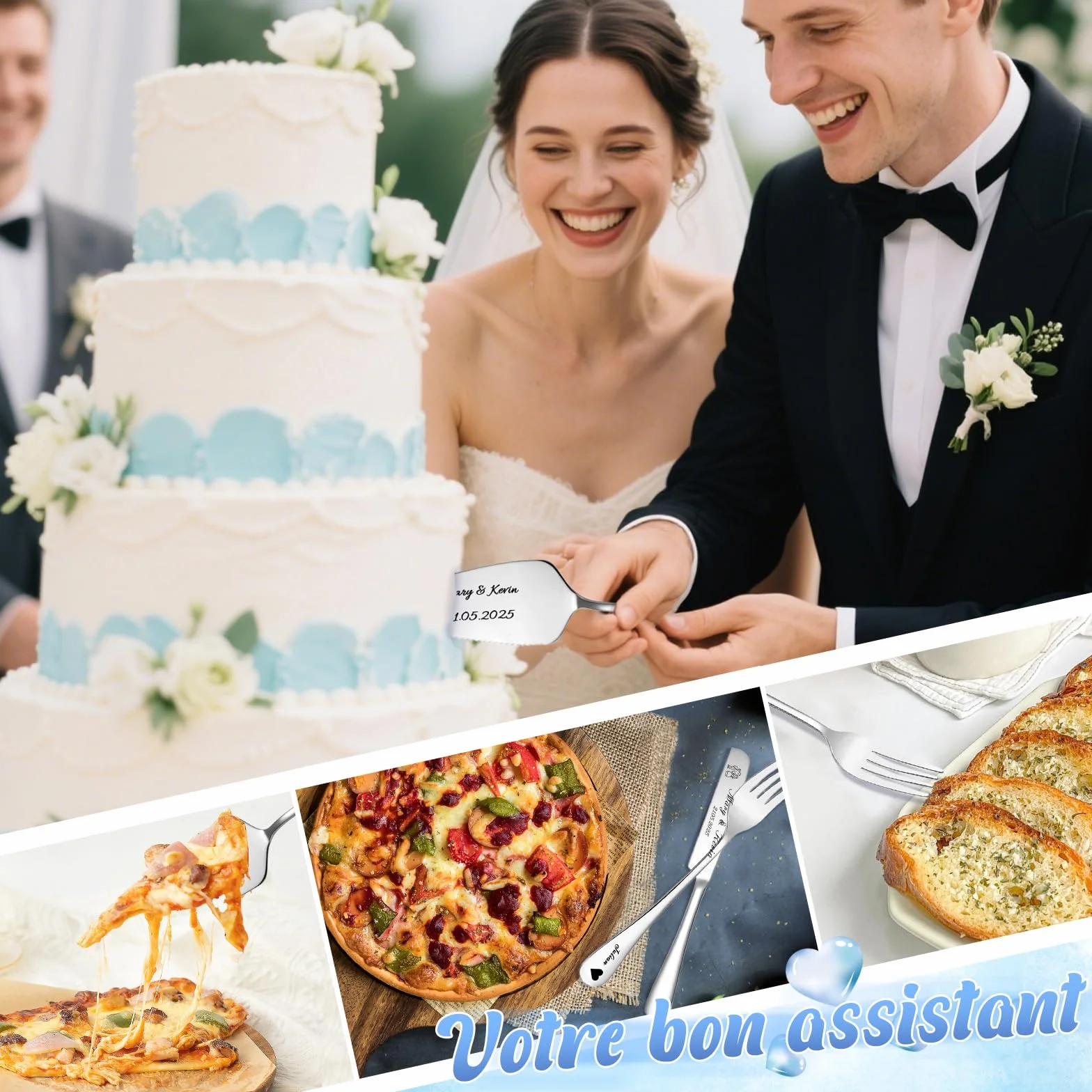 Couteau à Gâteau Mariage Personnalisé Ensemble Acier Inoxydable Gravure Cadeau Fiançailles Argent