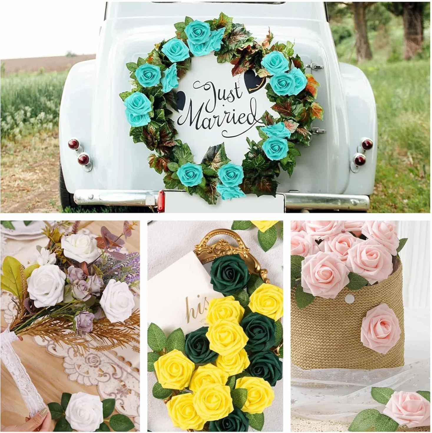 Roses Artificielles Blanches 25Pcs Faux Roses Avec Tiges Mousse pour Décoration Mariage
