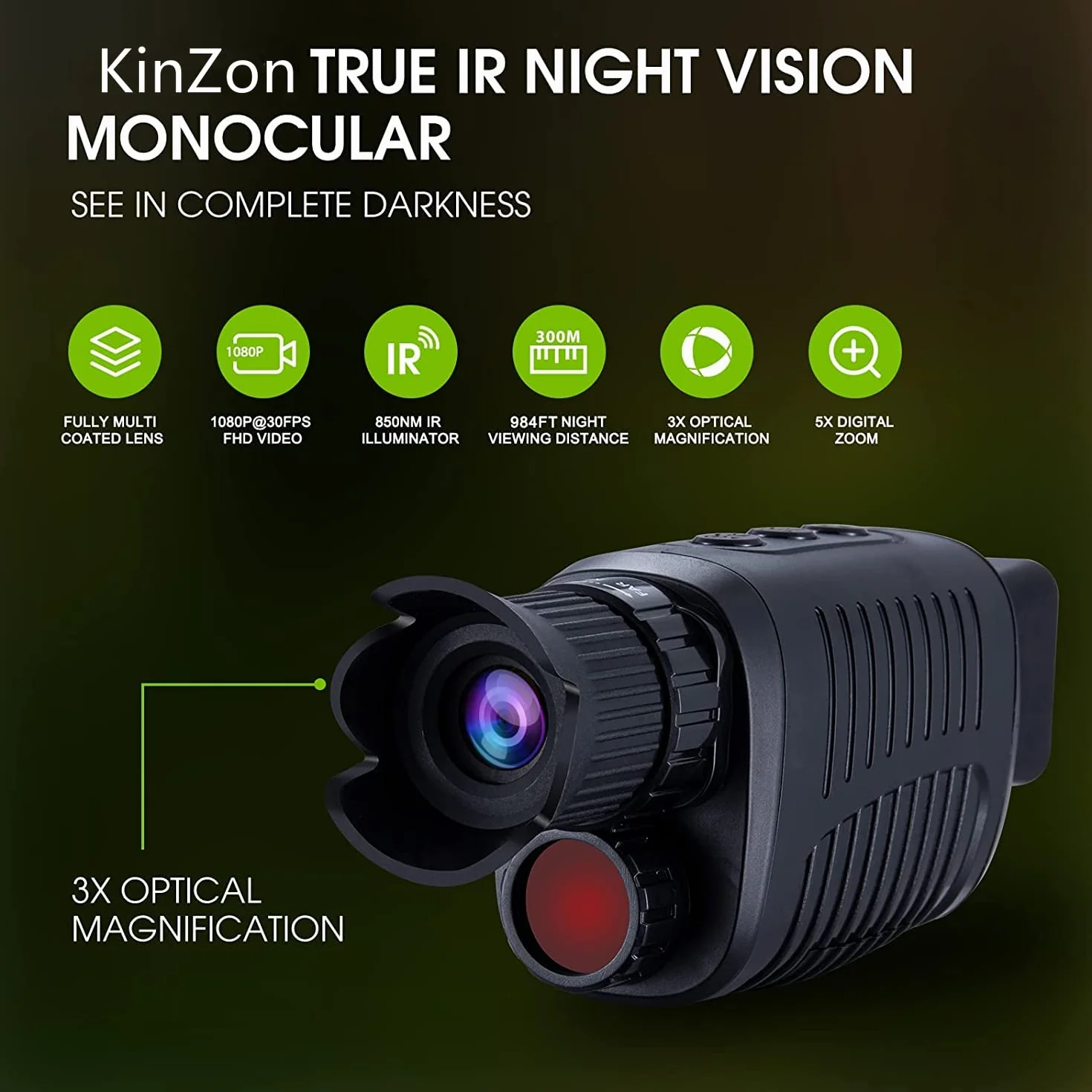 KinZon 64G Cyfrowy monokular noktowizyjny zapewniający 100% ciemności, w zestawie karta SD 64G, wideo na podczerwień 1080p HD, okulary noktowizyjne do polowania