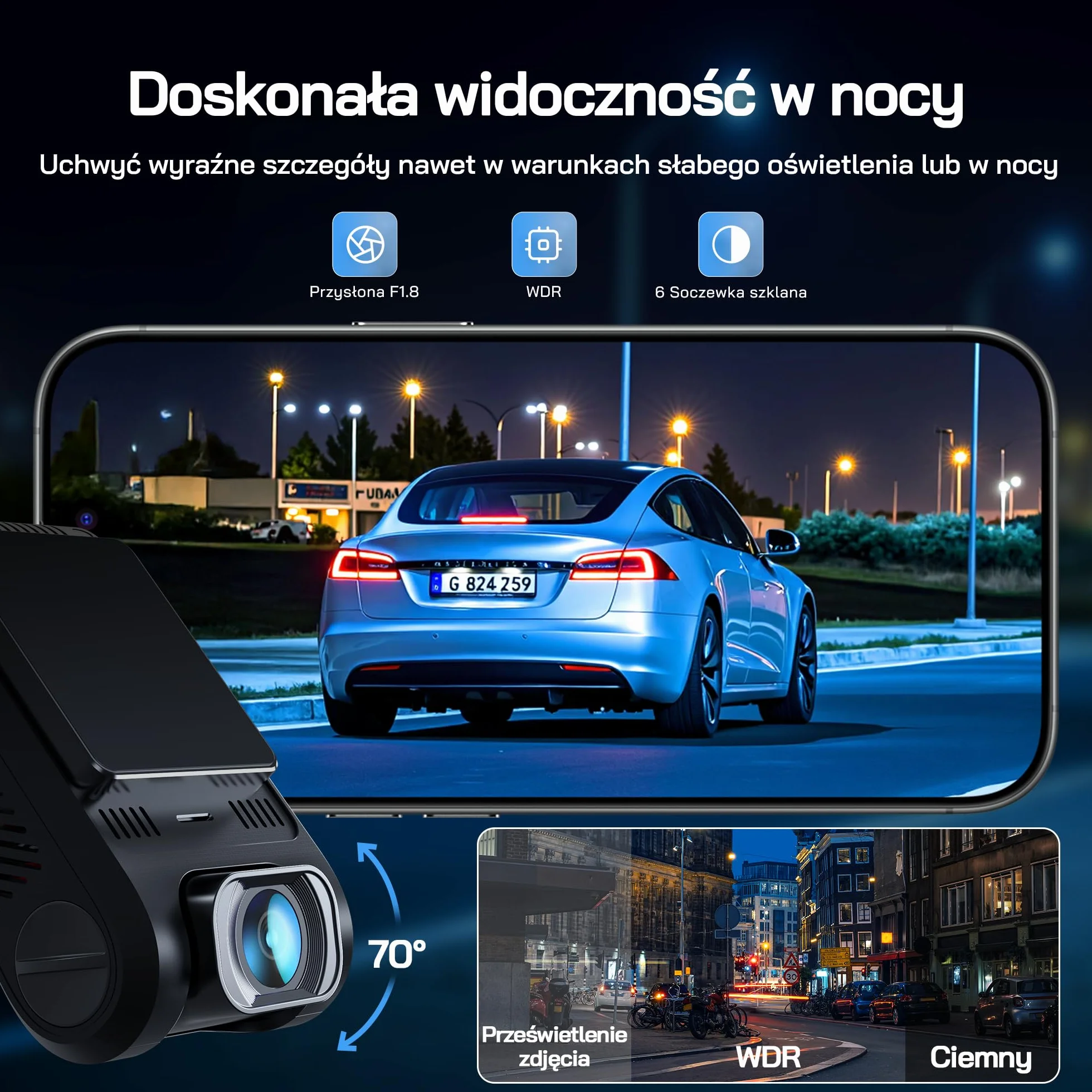 Kamera samochodowa WOLFANG 2.5K kamera samochodowa Wi-Fi z kartą SD 32 GB, podwójna kamera samochodowa z noktowizorem, nagrywanie w pętli, czujnik G, szeroki kąt 170, osłona parkowania