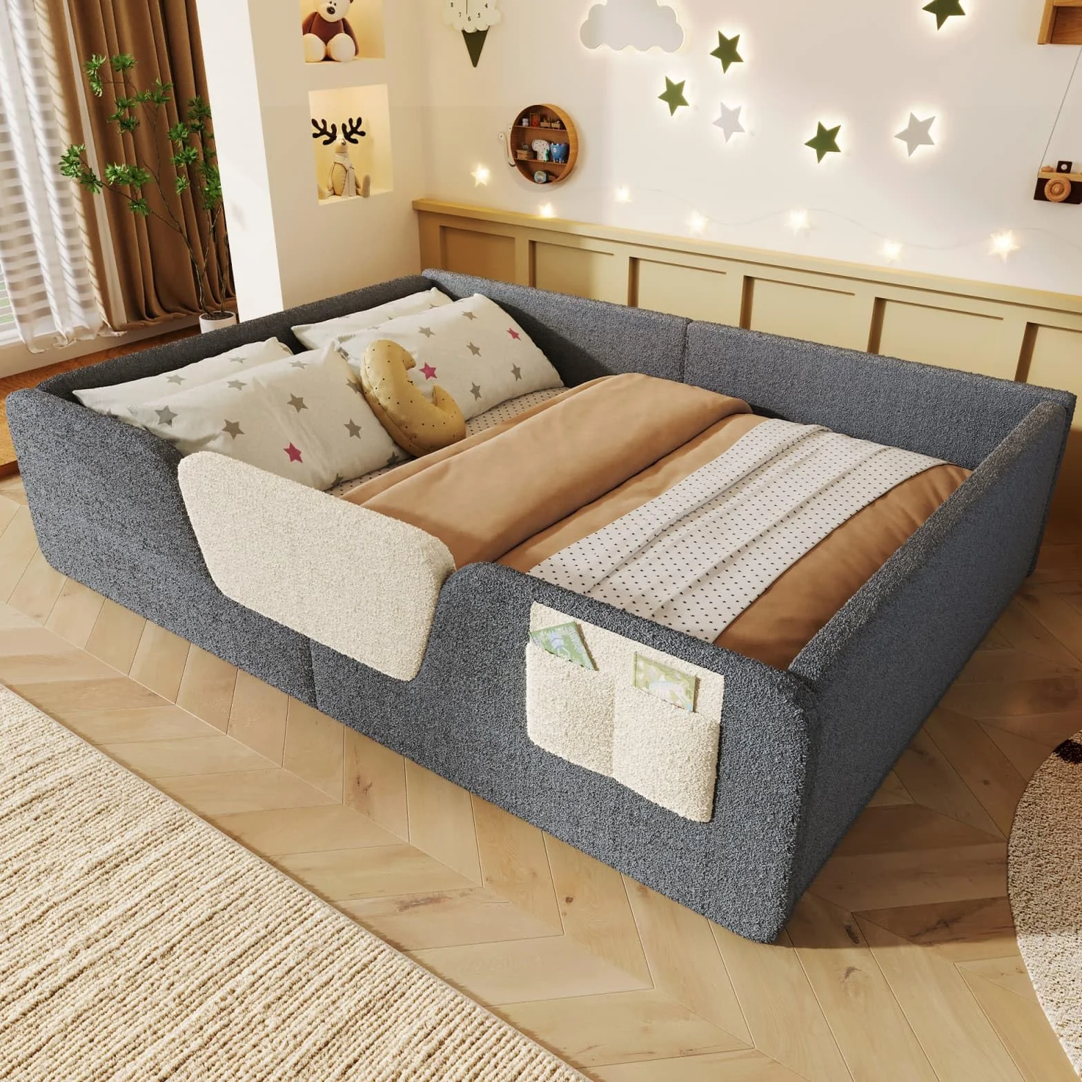 KOMHTOM Lit Enfant au Sol, Lit Montessori, Lit Capitonné en Velours, Barrière de Sécurité Amovible, Sommier à Lattes, Poche de Rangement Tissu, Design Sûr, sans Matelas (Gris)
