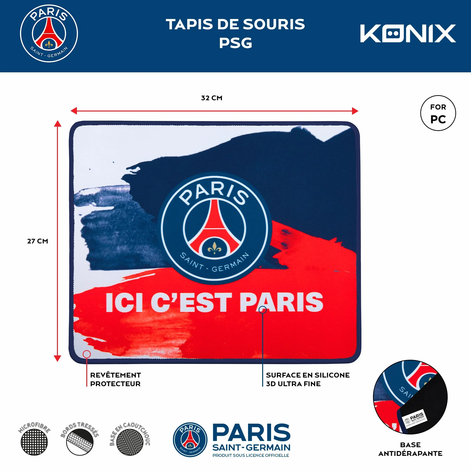 Konix Tapis de souris gaming 32 x 27 cm silicone 3D antidérapant Ici c'est Paris