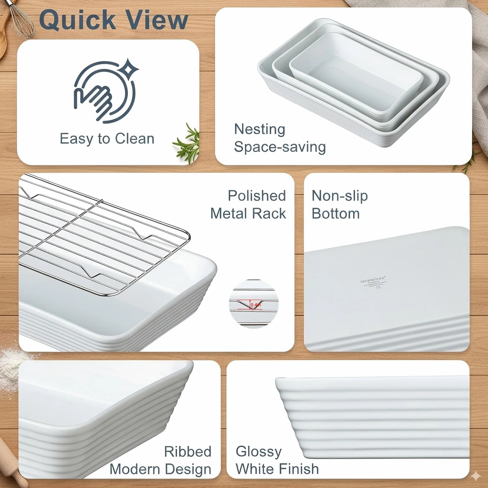 ONEMORE Set de 3 Plats à Four en Céramique avec Support | Formes Rectangulaires pour Lasagne, Tiramisu, Gratins et Préparation de Pâtisseries | 3 Tailles Incluses : 2,8 L, 2 L et 1,2 L