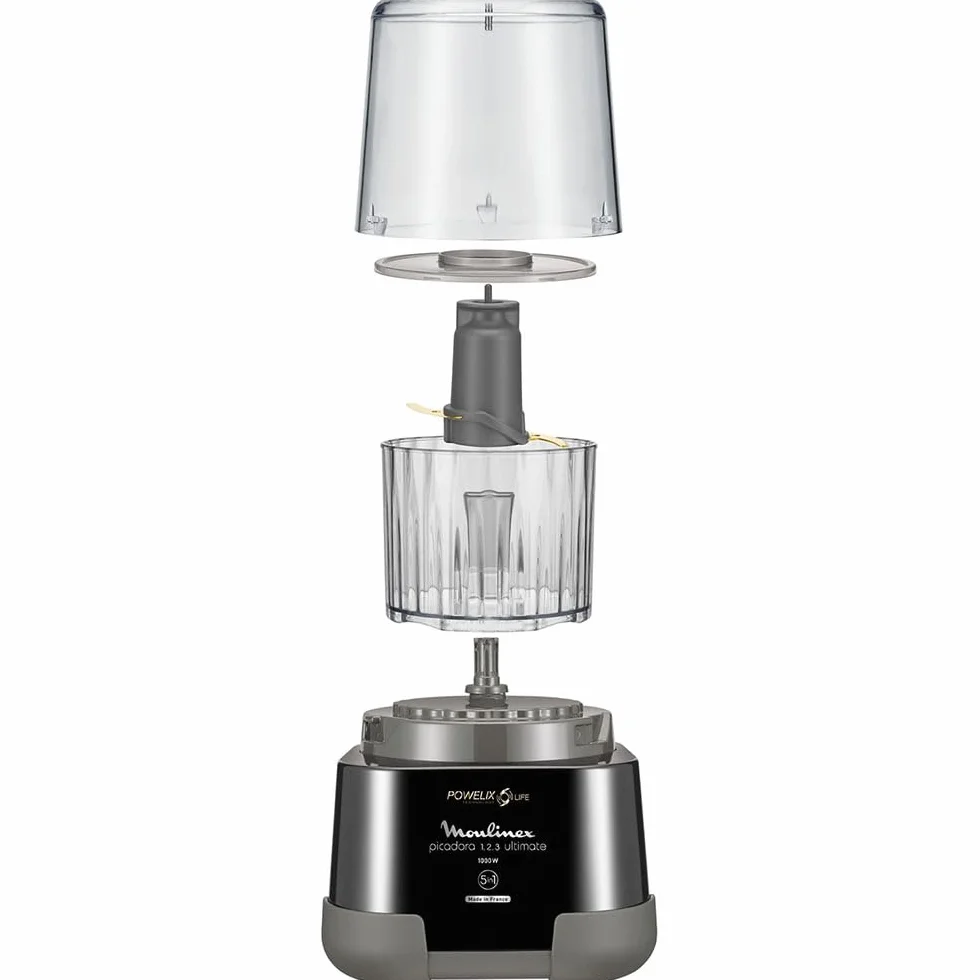 Moulinex 1,2,3 DP8108 - Hachoir électrique 1000 W, 2 lames Powerlife, capacité de jusqu'à 350 g/550 ml, couvercle hermétique, système de protection contre la surchauffe, compact, noir