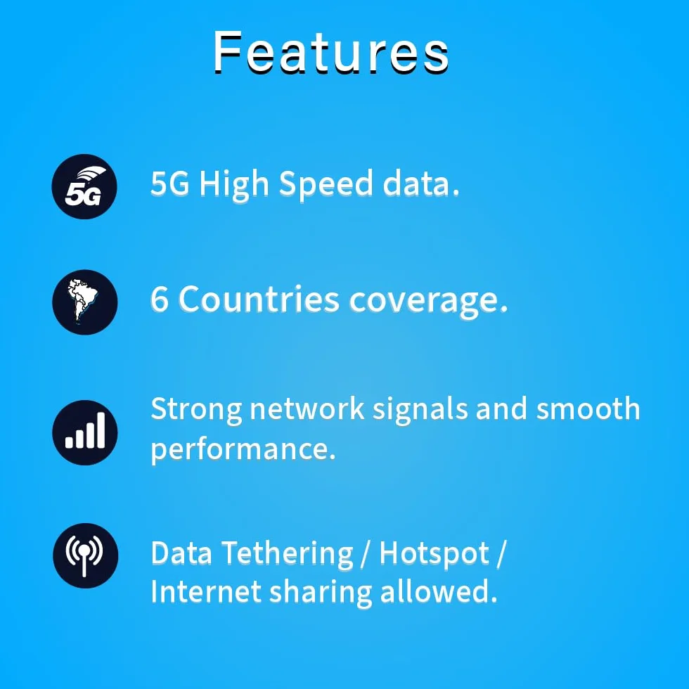 TSIM Ameryka Południowa karta SIM 30 dni | Internet 6 GB w 5G/4G/LTE (dozwolone udostępnianie danych), do użytku w Brazylii, Chile, Kolumbii, Peru, Urugwaju i Kostaryce, sieć 5G o wysokim zasięgu.