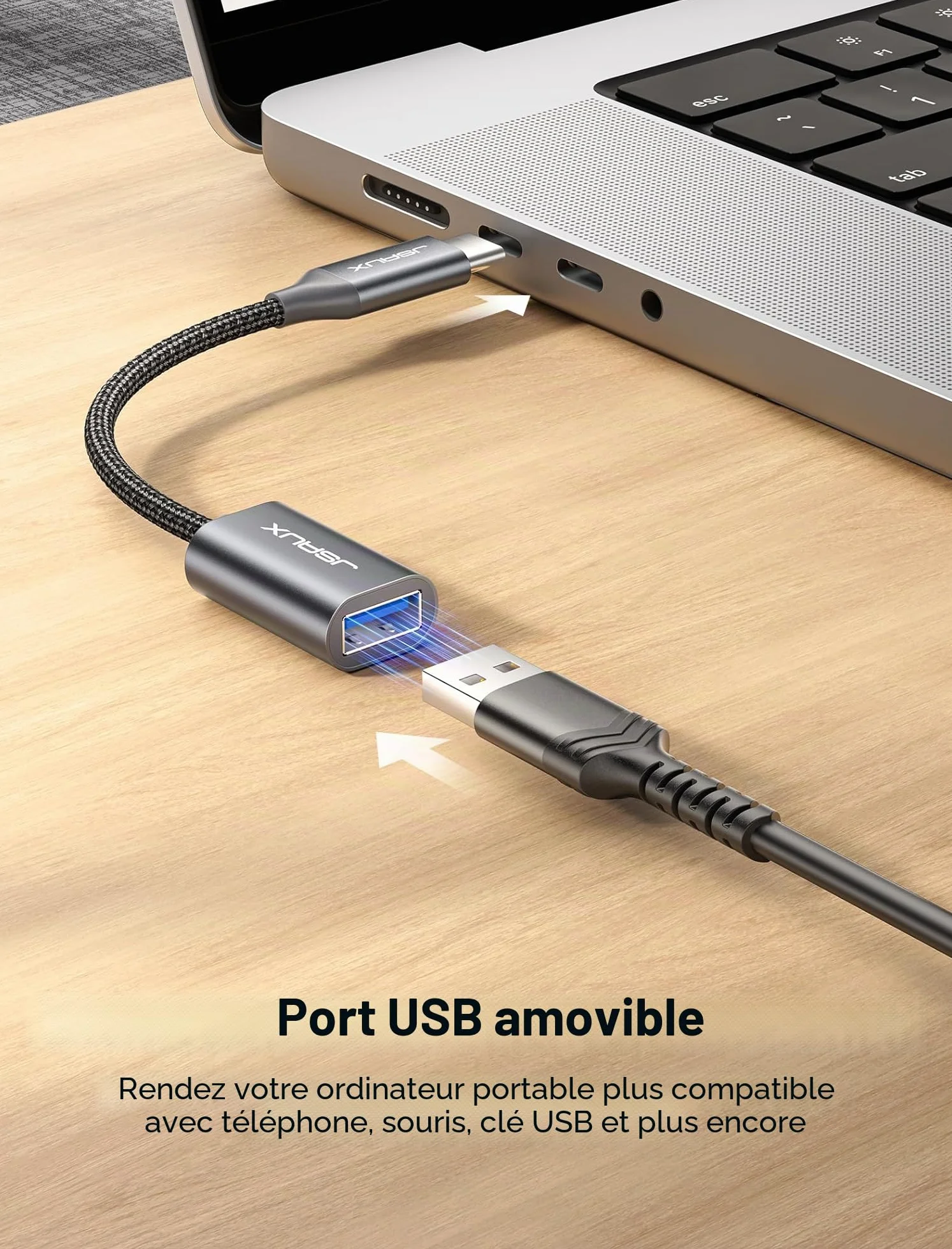 JSAUX Adaptateur USB C vers USB 3.0 Lot de 2 Câble OTG USB Type C Mâle vers USB A Femelle Compatible iPhone 16 Pro Max/15 Pro Max Plus, iPad Pro, MacBook Pro/Air, Galaxy S24/S23/S22 Ultra Gris