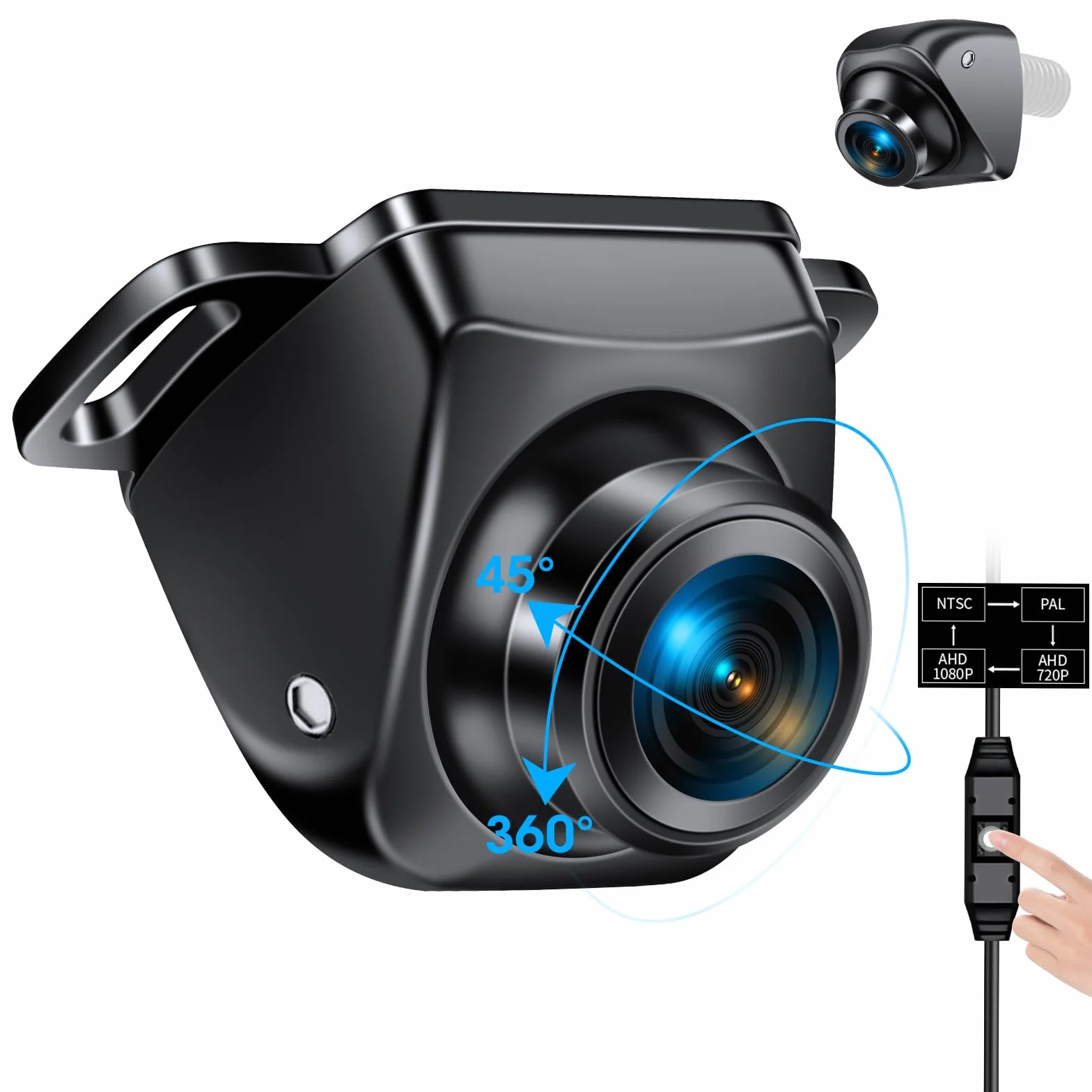 Kamera cofania 【3 metody montażu】 Obrotowa kamera cofania o 360° do obsługi samochodu Tryb AHD 1080P/720P/NTSC/PAL kamera przednia/cofania uniwersalna DC 12V-24V do samochodu Van SUV