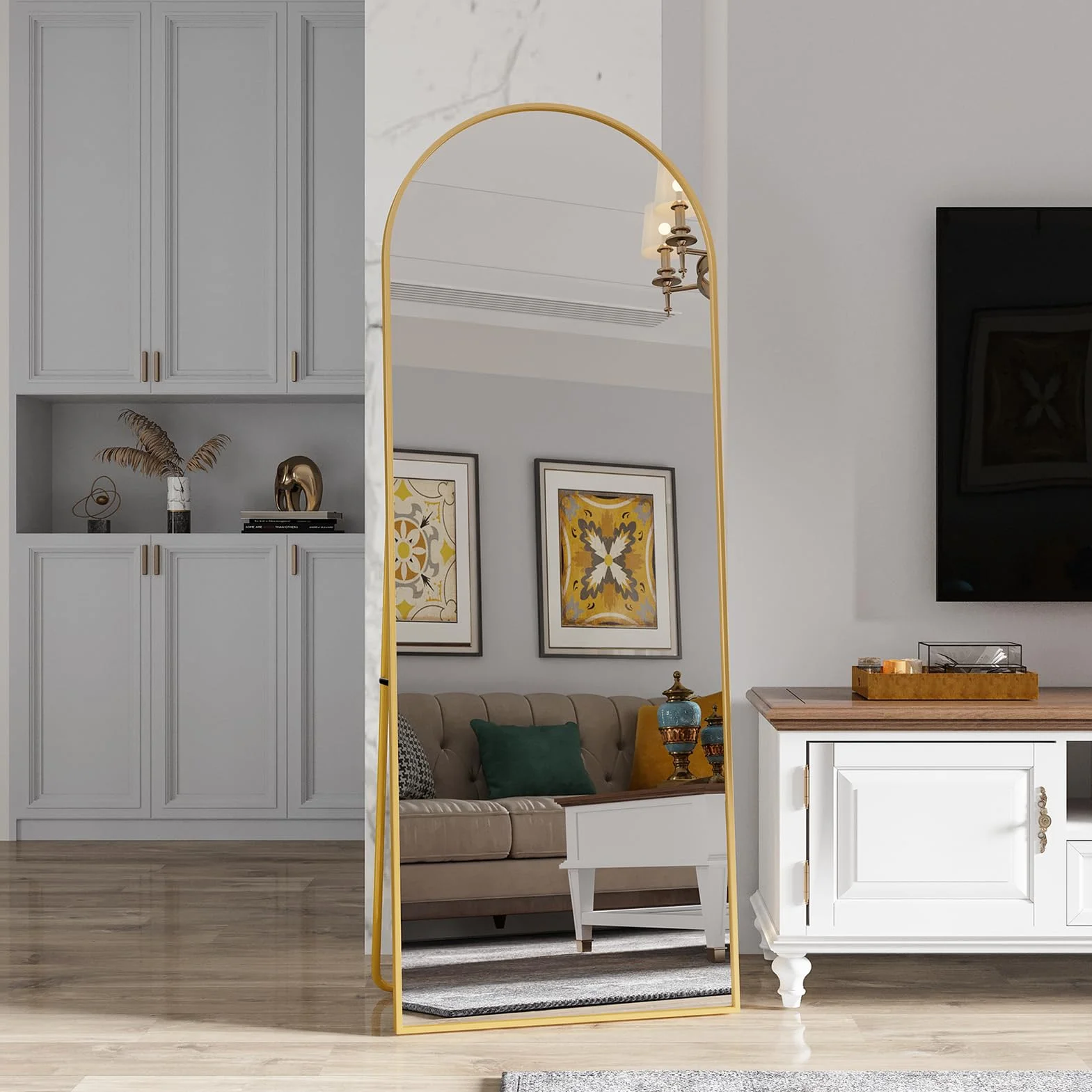 Miroir complet cadre aluminium doré 162 x 53 cm suspendre mur poser coins arrondis