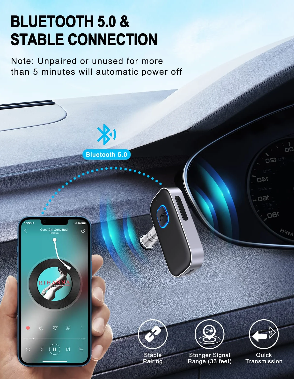 Glangeh [2022 ulepszony] Odbiornik Bluetooth, adapter samochodowy Bluetooth z redukcją szumów, 16-godzinny odbiornik Bluetooth Aux w trybie gotowości do radia samochodowego HiFi/radia samochodowego