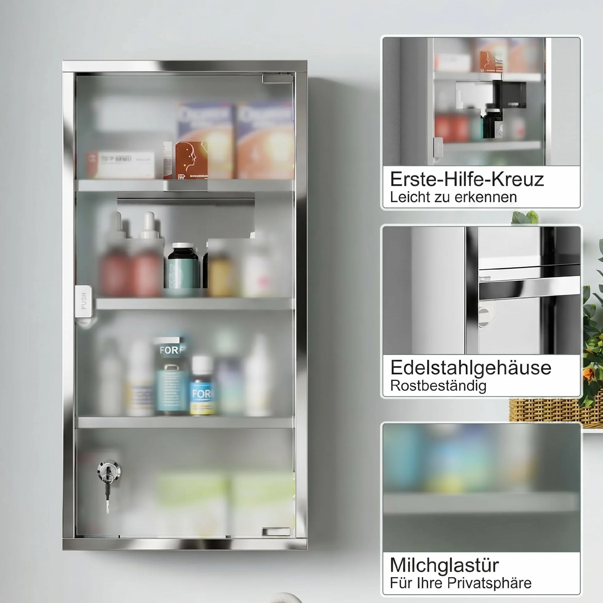 HOMCOM Armoire à Pharmacie 3 étagères 4 Niveaux 30L x 12l x 60H cm Porte Verre trempé Symbole Croix Acier Inoxydable brossé
