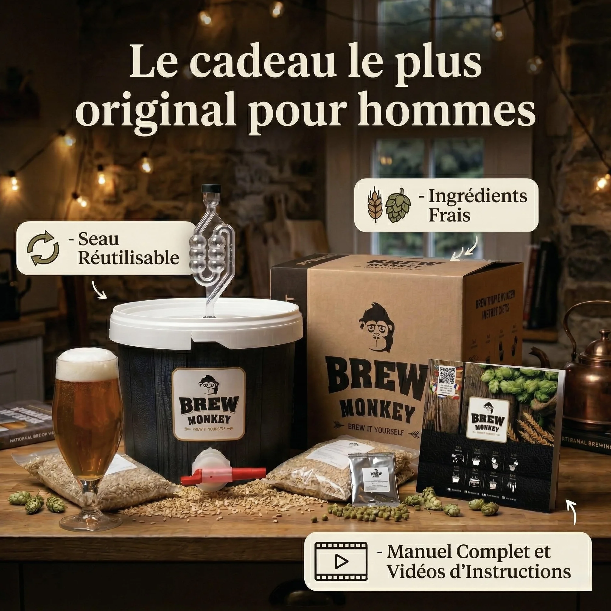 Brew Monkey® Kit de Brassage Bière Blonde | Kit Base de 5L | 6,4% ALC. | Kit Fabrication Bière | Idée Cadeau Homme | Kit Bière | Coffret Cadeau Homme | Fête des Pères