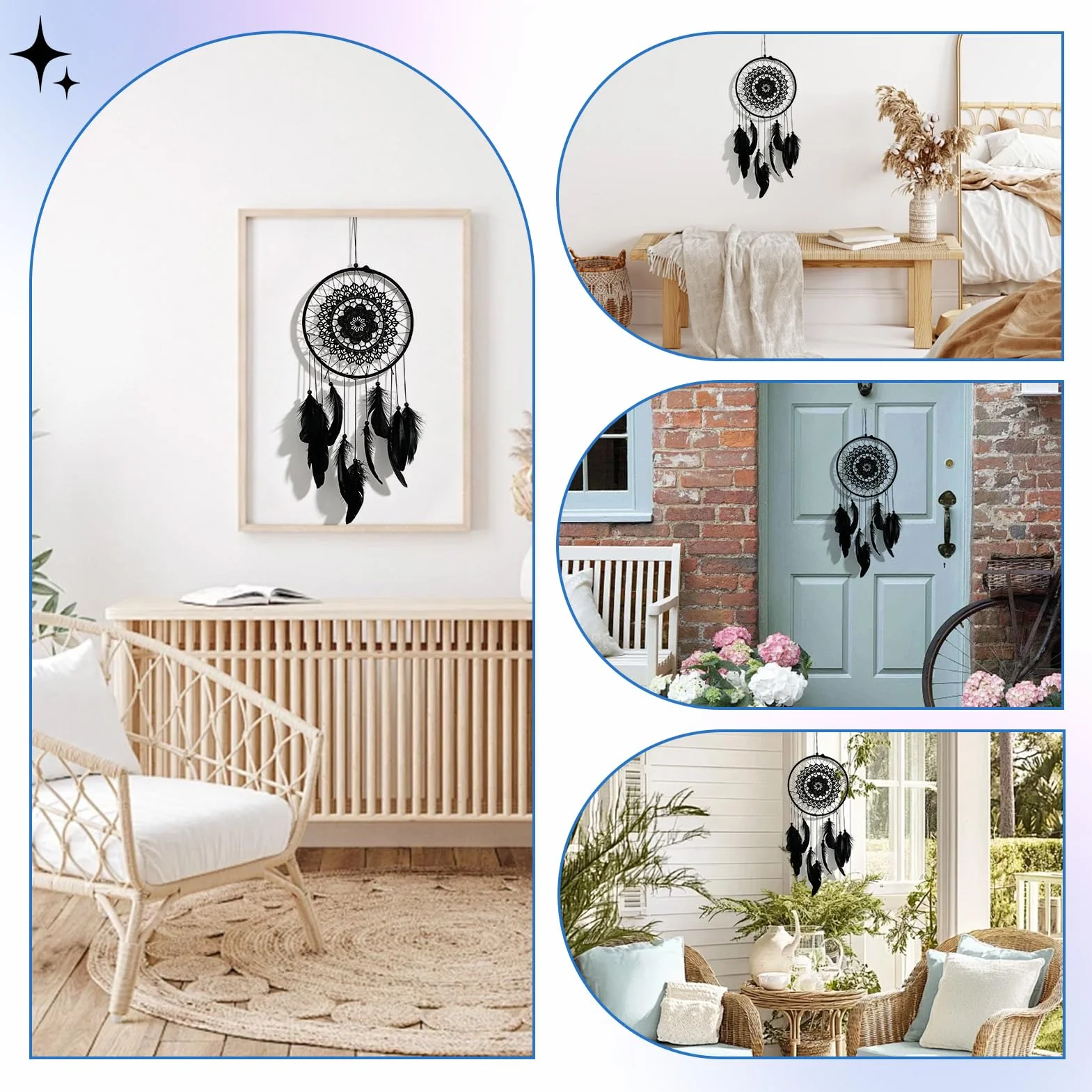 Attrape-Rêves Noir à Plumes Fait Main 20.5 cm Décor Rétro Romantique