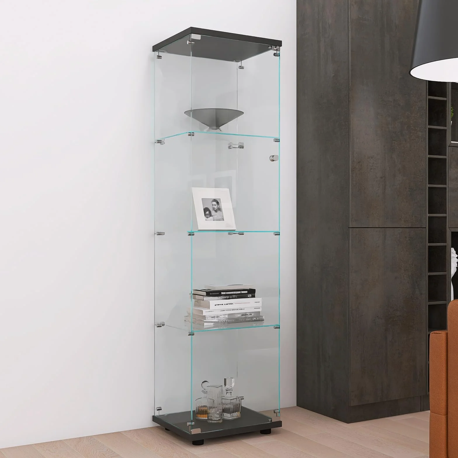 Vitrine en verre de collection avec 1 portes et 4 étagères, avec serrure de sécurité, vitrine transparente, convient pour le salon, la chambre à coucher, le bureau