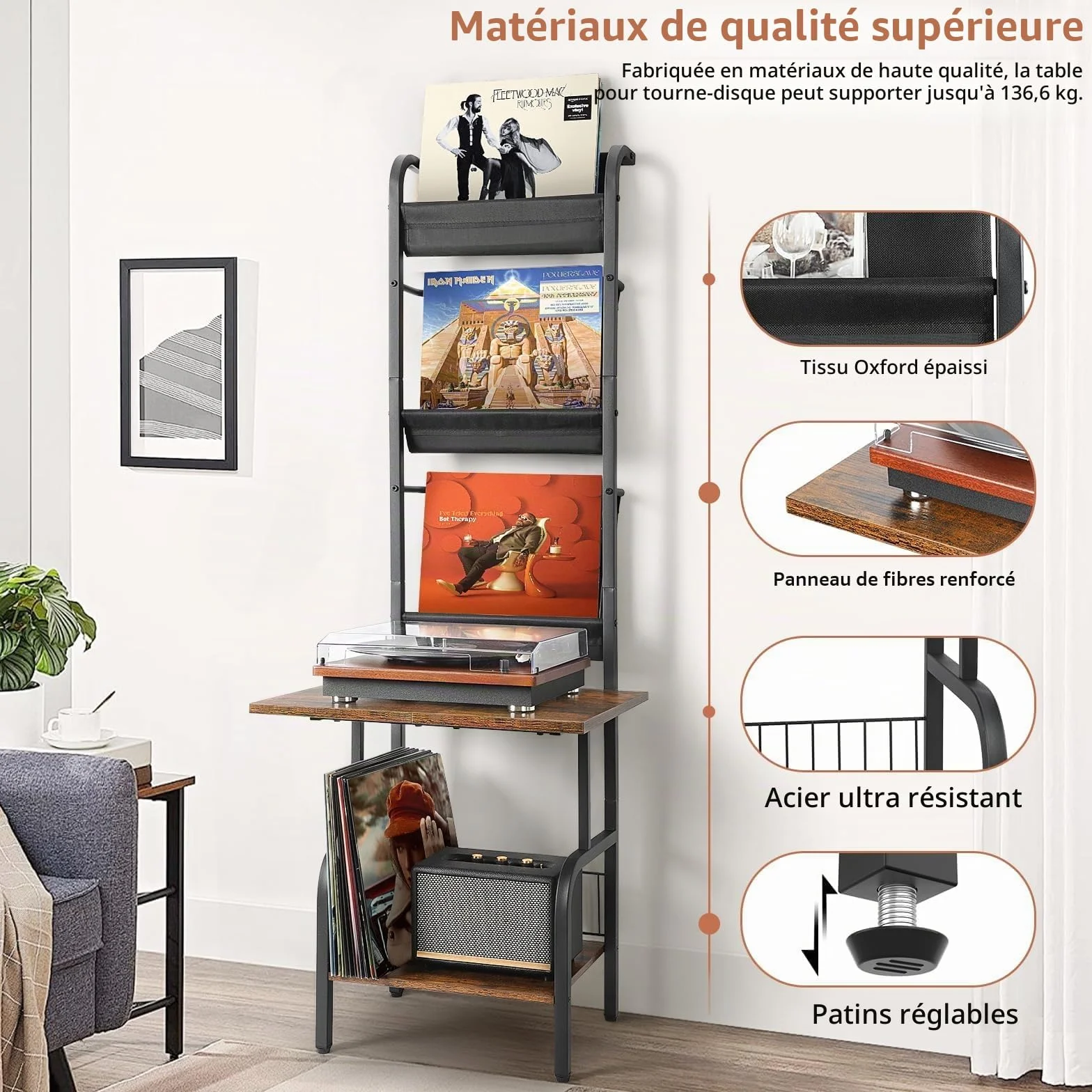 Rangement Vinyle, Support Vinyle, Meuble Vinyl à 3 Niveaux, Meuble Platine Vinyl Stockage jusqu'à 200 Albums Cds, Support Vinyls Mural, Tourne Disque pour Salon