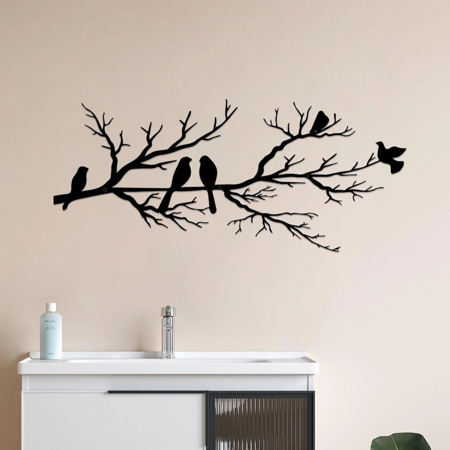 ESTART Décoration murale extérieure en métal silhouette d'oiseaux sur une branche feuilles noires sculpture murale pour maison jardin