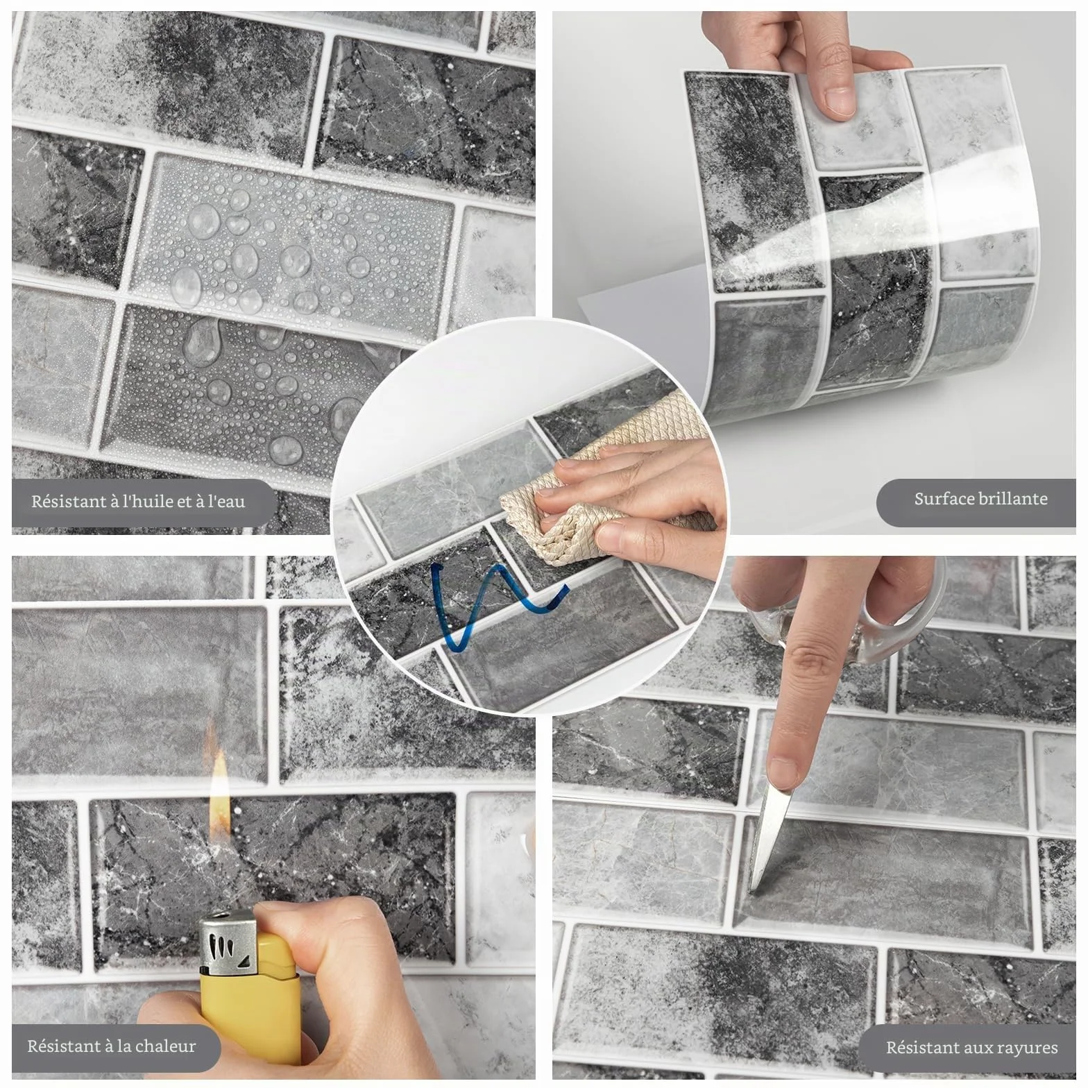 Adhesif PVC Carrelage Mural Impermeable Cuisine Salle de Bain 12 Pieces Stickers 15 x 30 cm