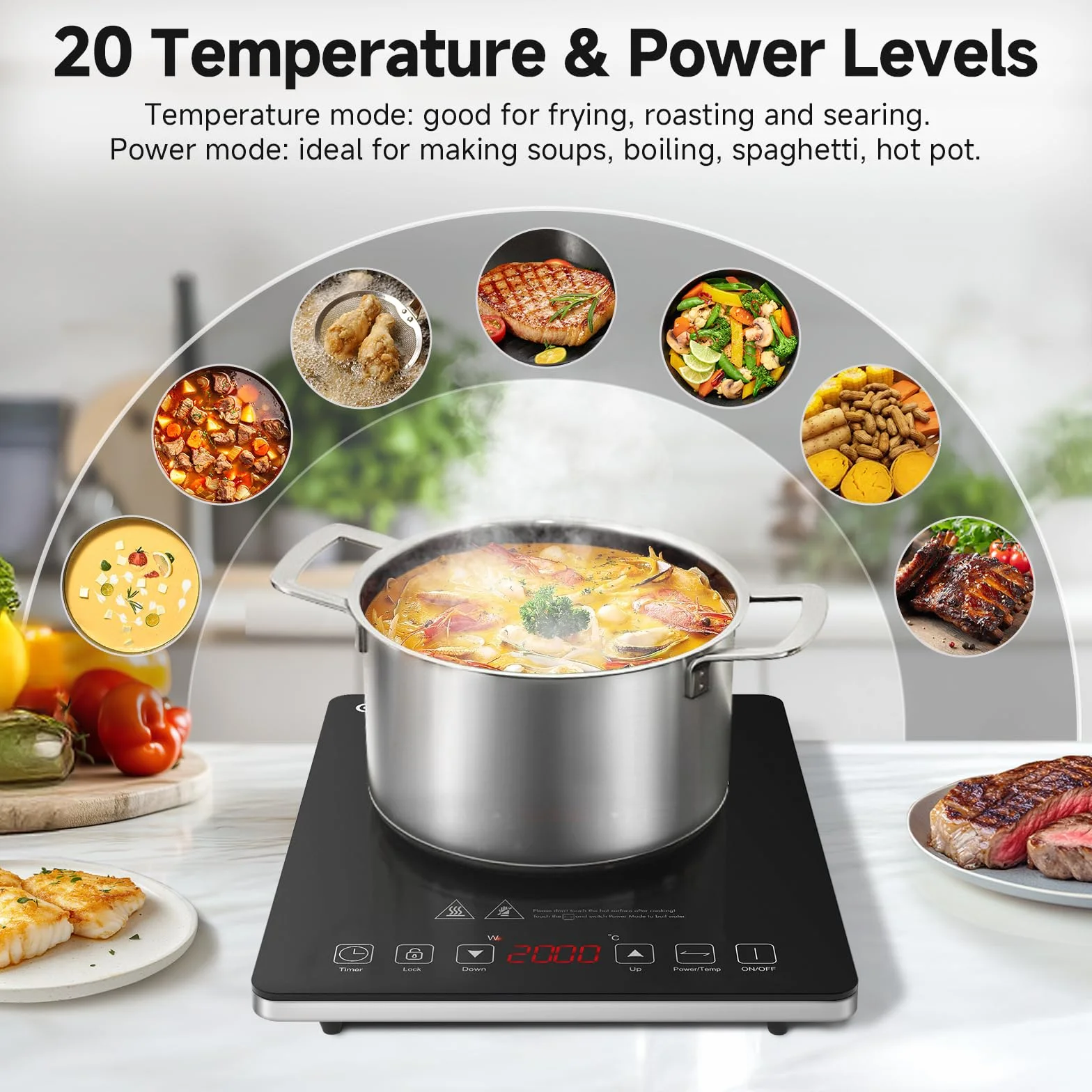 Plaque à induction, AMZCHEF Plaque Induction avec design ultra-mince,20 niveaux de température et 20 réglages de puissance, Plaque Induction 2000W avec minuterie de 3 heures,verrouillage de sécurité