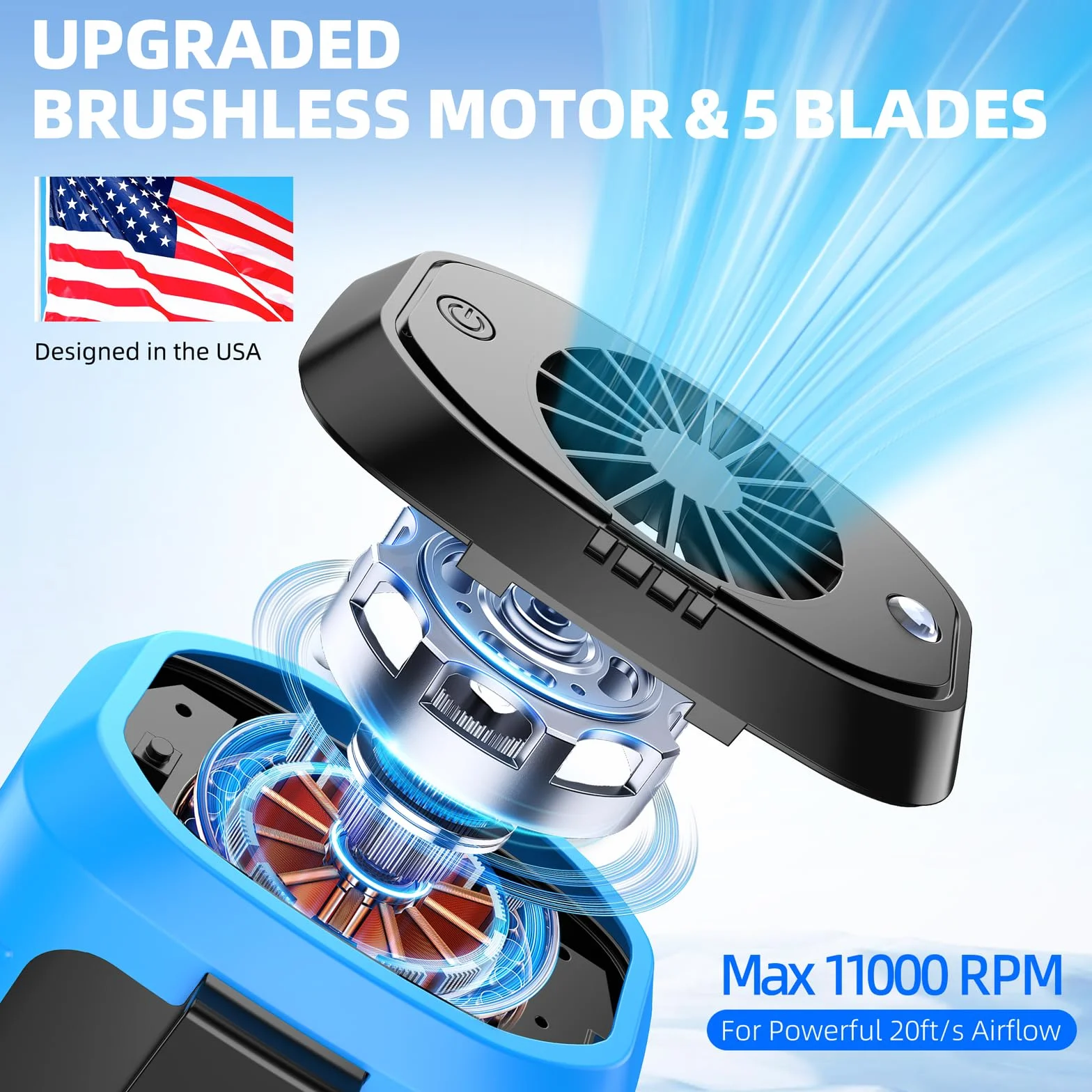 Zeadio Ventilateur Portable à Clip Ceinture, 10000 mAh, Ventilateur Mains Libres avec Lampe Torche LED&Batterie Externe, Ventilateur Rafraîchissant pour Travail en Extérieur, Pêche, Randonnée, Bleu