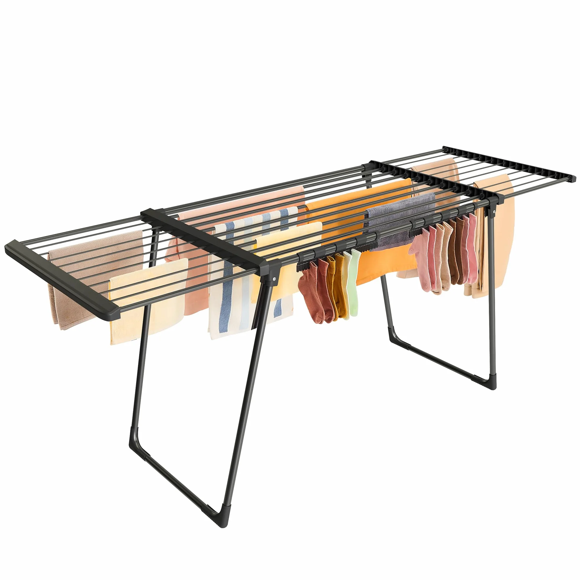 SONGMICS Étendoir à Linge, Séchoir sur Pied, Ailes Extensibles, 22 m de Longueur d’Étendage, avec Porte-Chaussettes, Pliable, Noir LLR522BH01