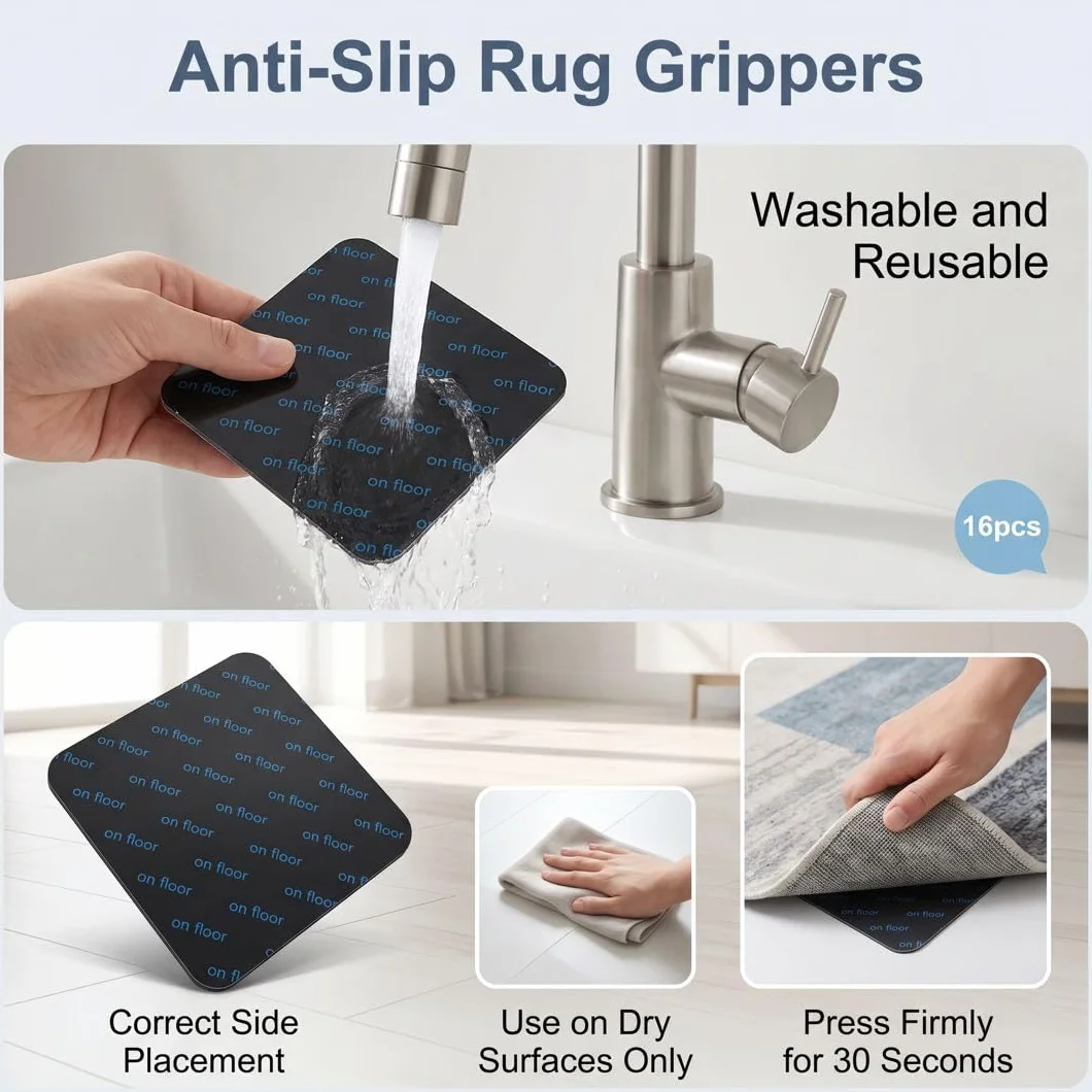 Antidérapant Tapis Lavable 16 Pièces Double Face Patins Antidérapants Réutilisables pour Carrelage Parquet Sol Dur Autocollants Anti Glisse Coins de Tapis