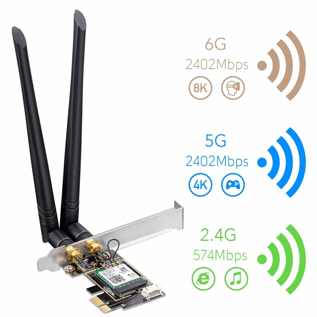 Cudy WE3000 AX 3000 Mbps bezprzewodowa karta WiFi 6 PCIe do komputera, moduł Bluetooth 5.0 wewnątrz, 2402 Mb/s 574 Mbps, Bluetooth 5.0/4.2/4.0, 802.11ax/ac/a/b/g/n Windows 10 64-bit czarny